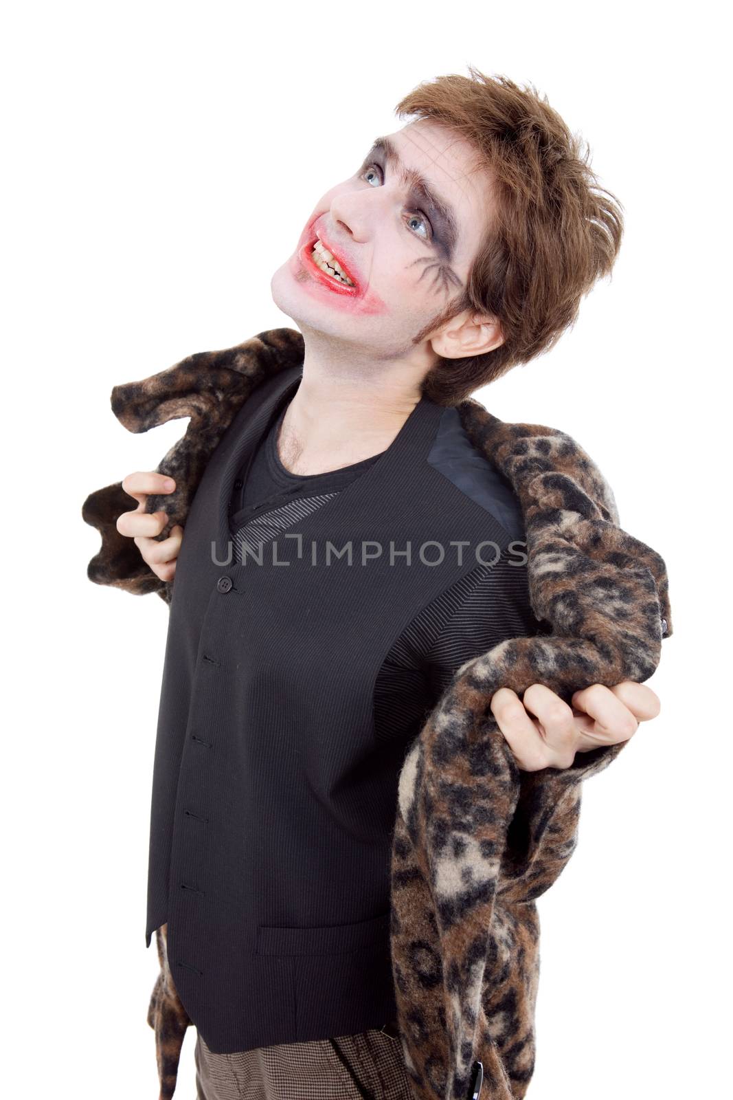 young man dressed as joker, isolated on white