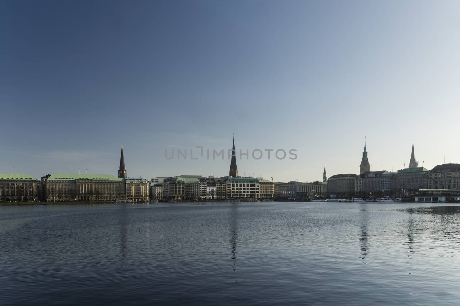 The Skyline around the Jungfernstieg and Alster in Hamburg