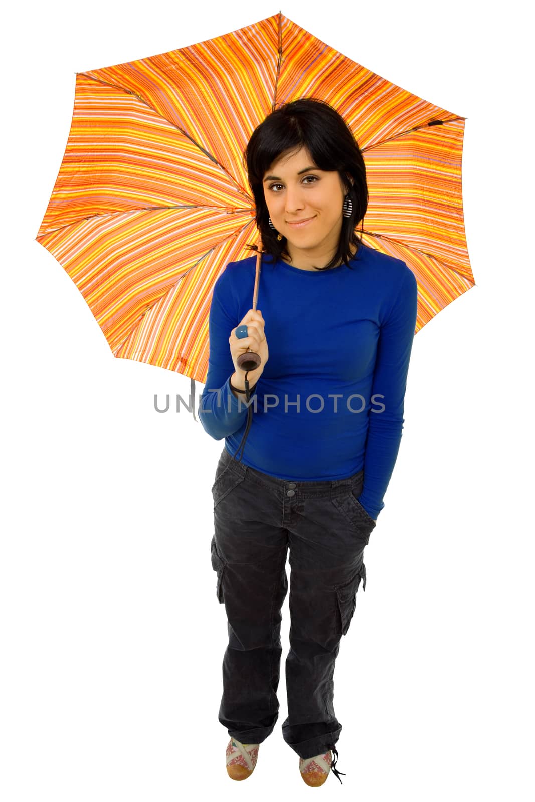 young brunette girl with umbrella, full body picture