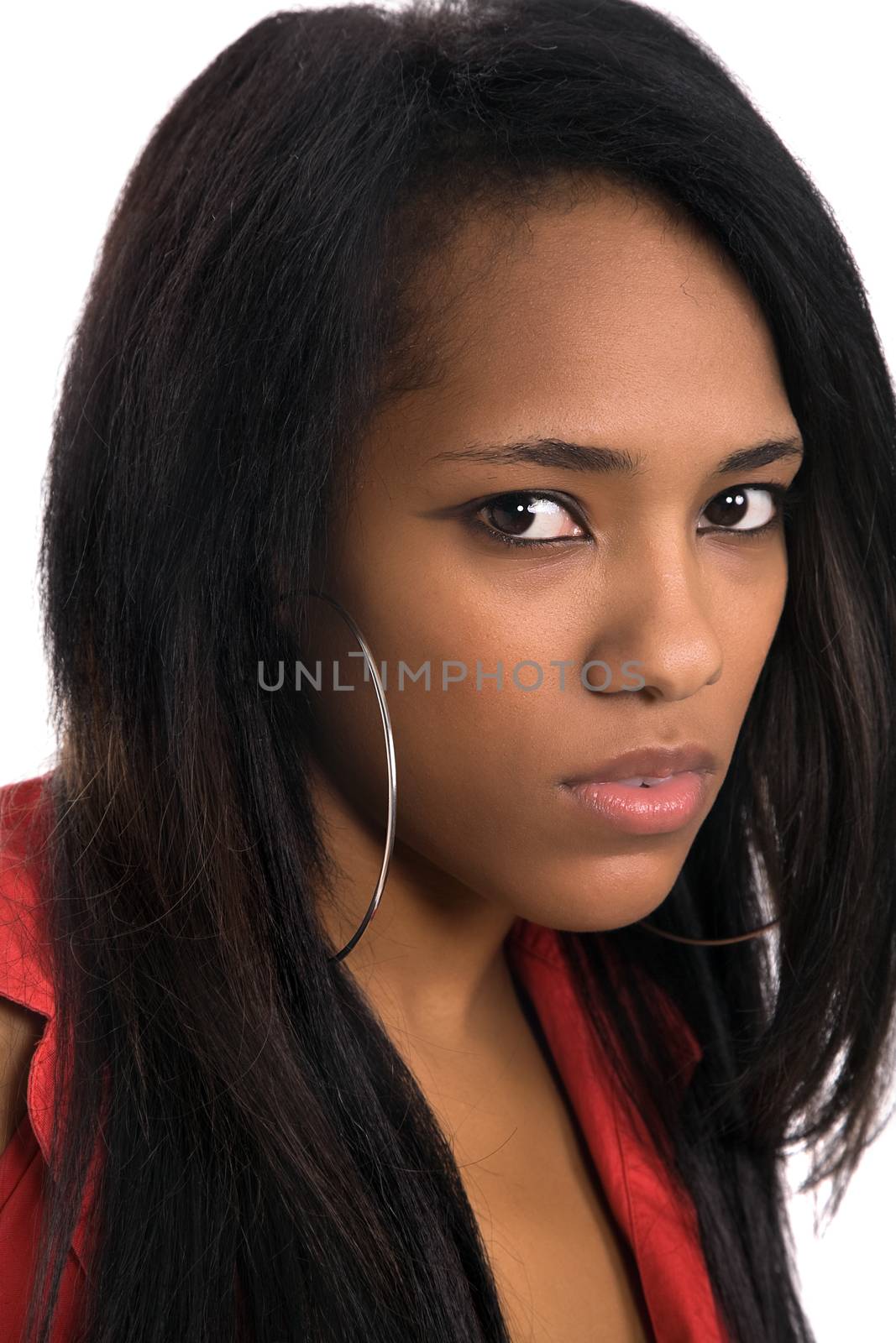 young beautiful woman closeup portrait, isolated on white