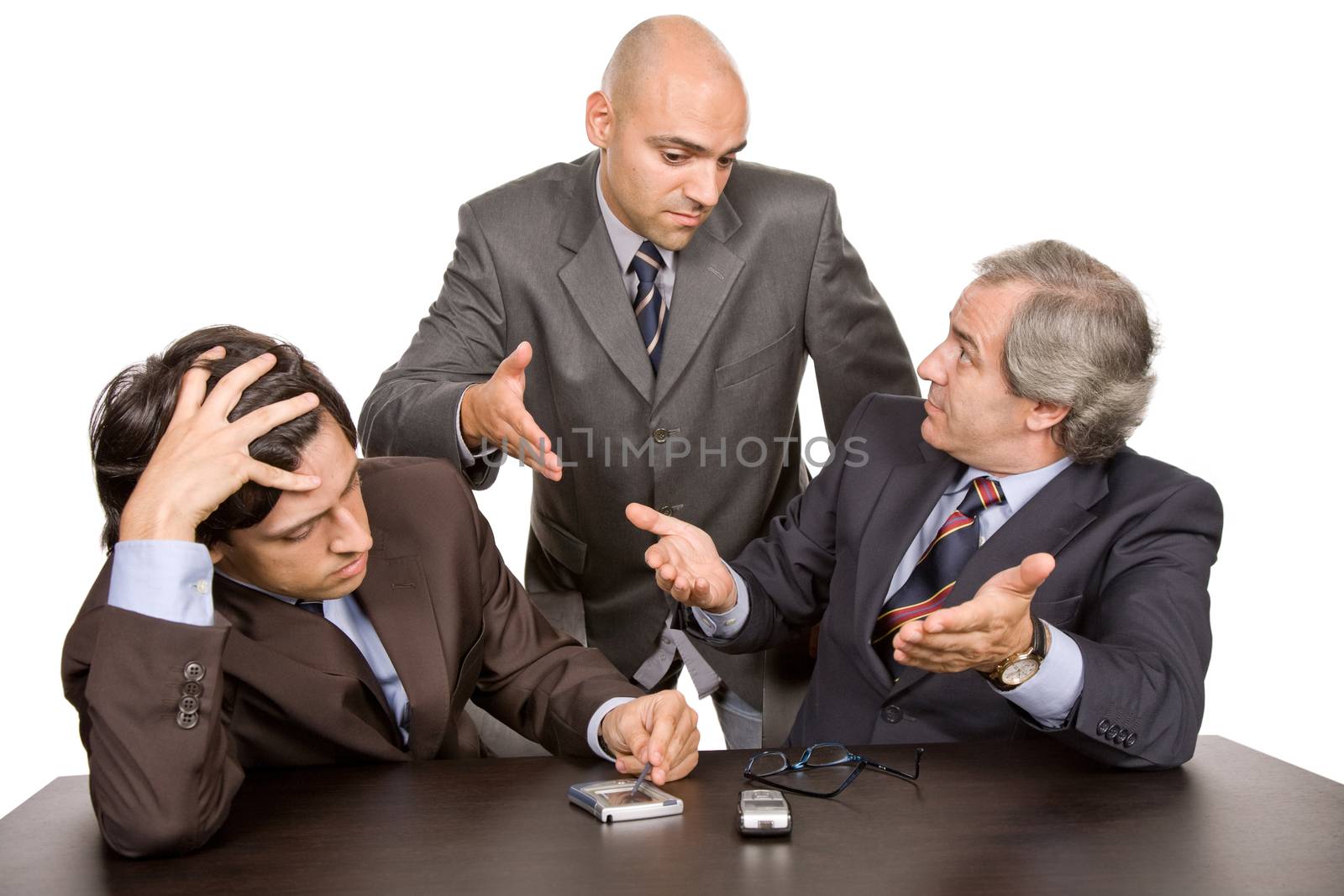 group of workers on a desk, isolated on white