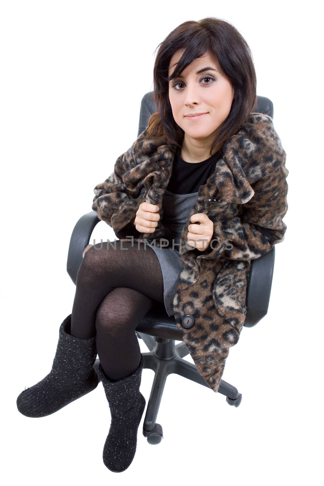 young beautiful woman on a chair, isolated in white