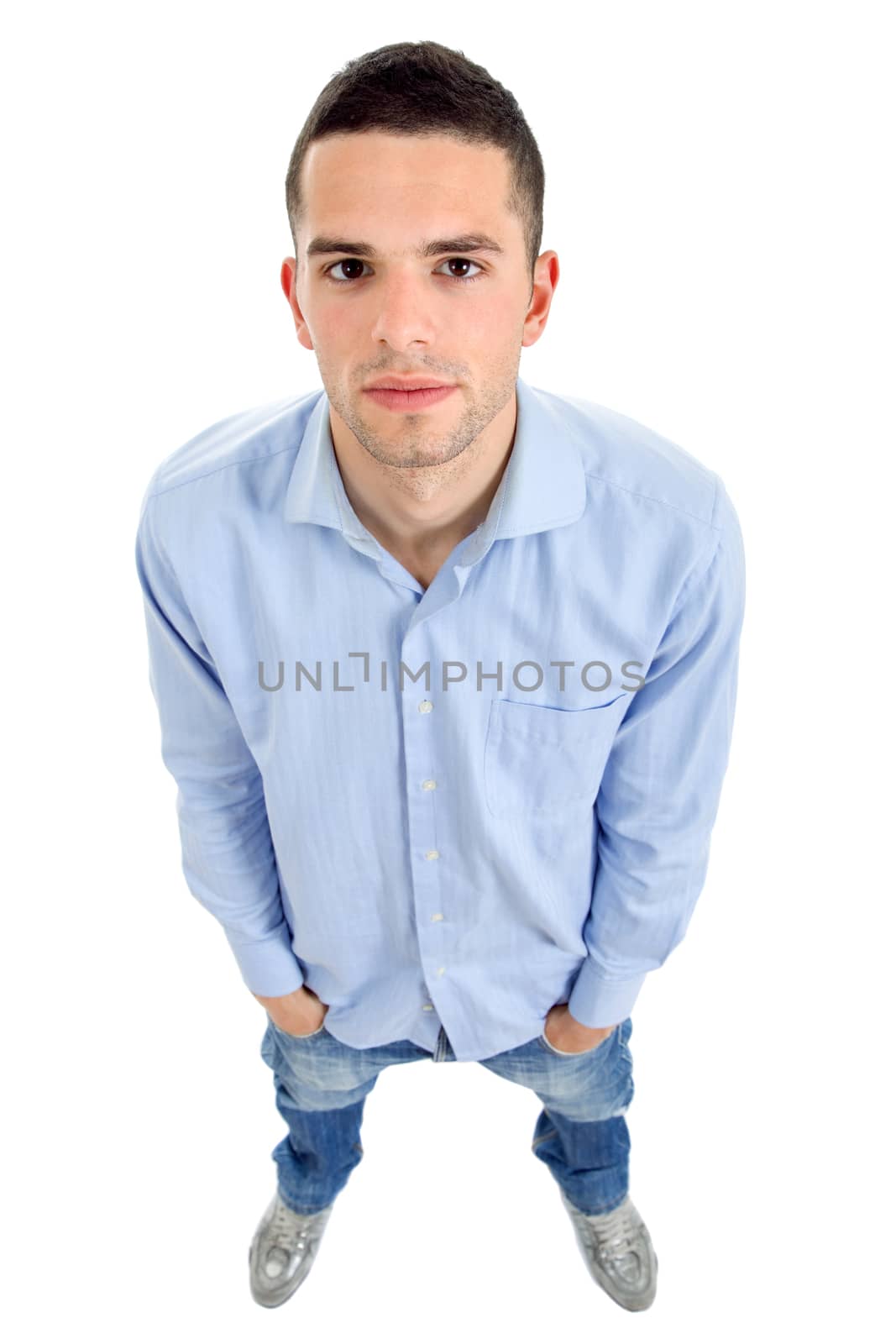 young casual man full body in a white background