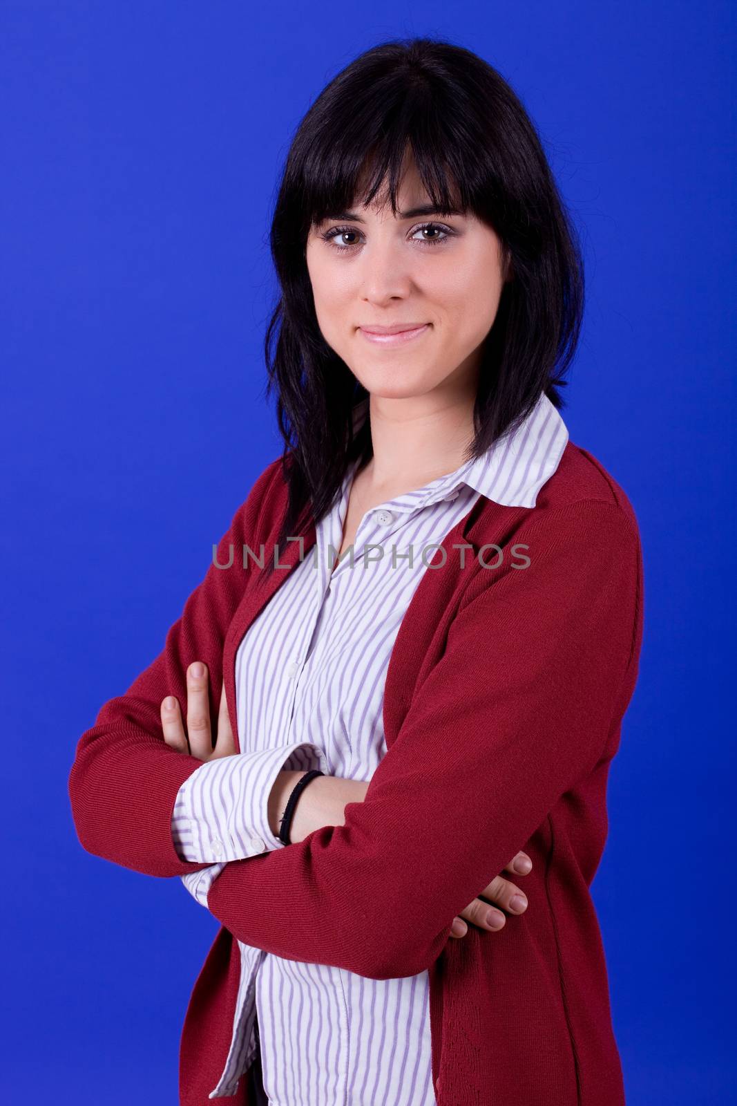 young beautiful woman, on a blue background