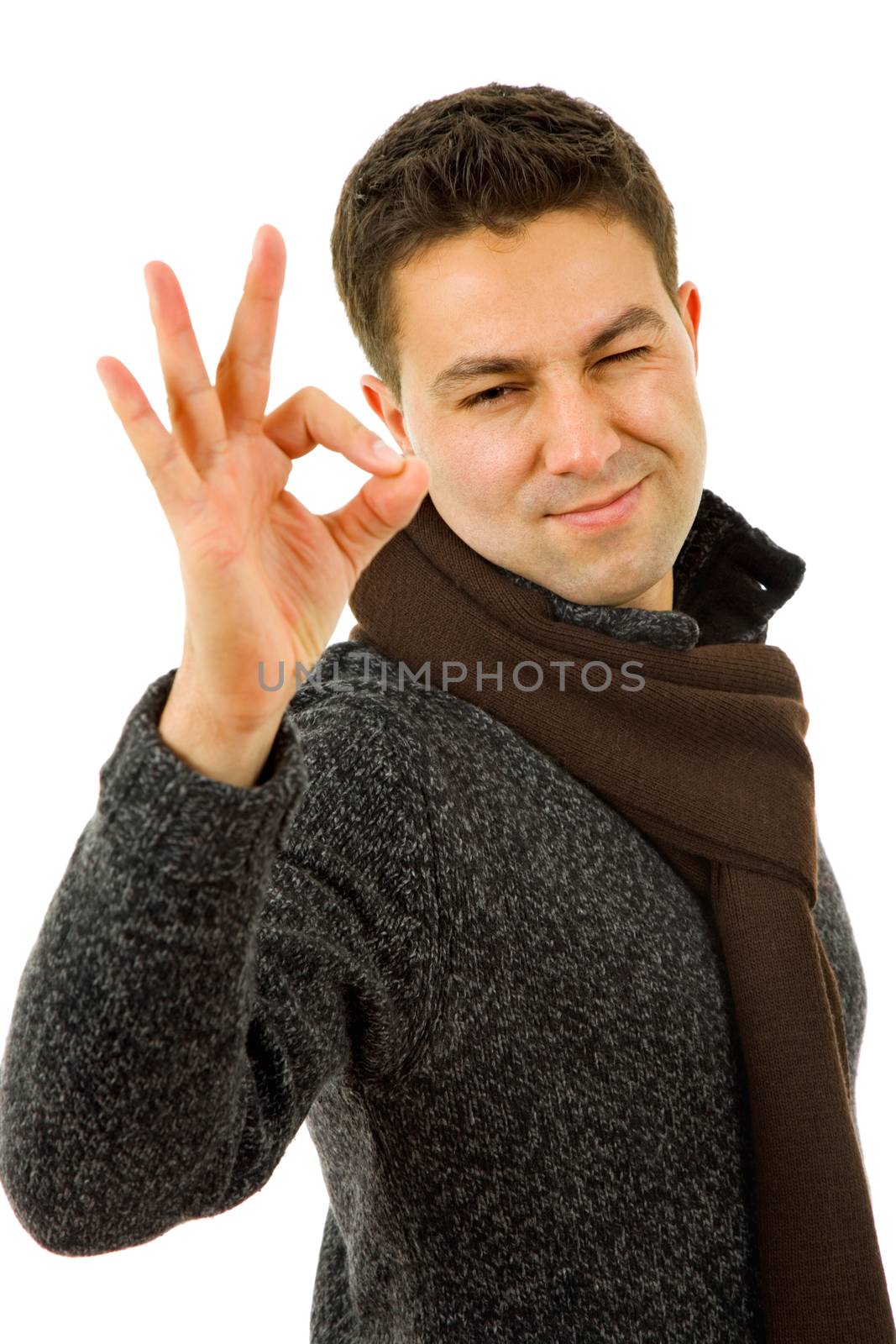 successful casual man showing three fingers isolated on white