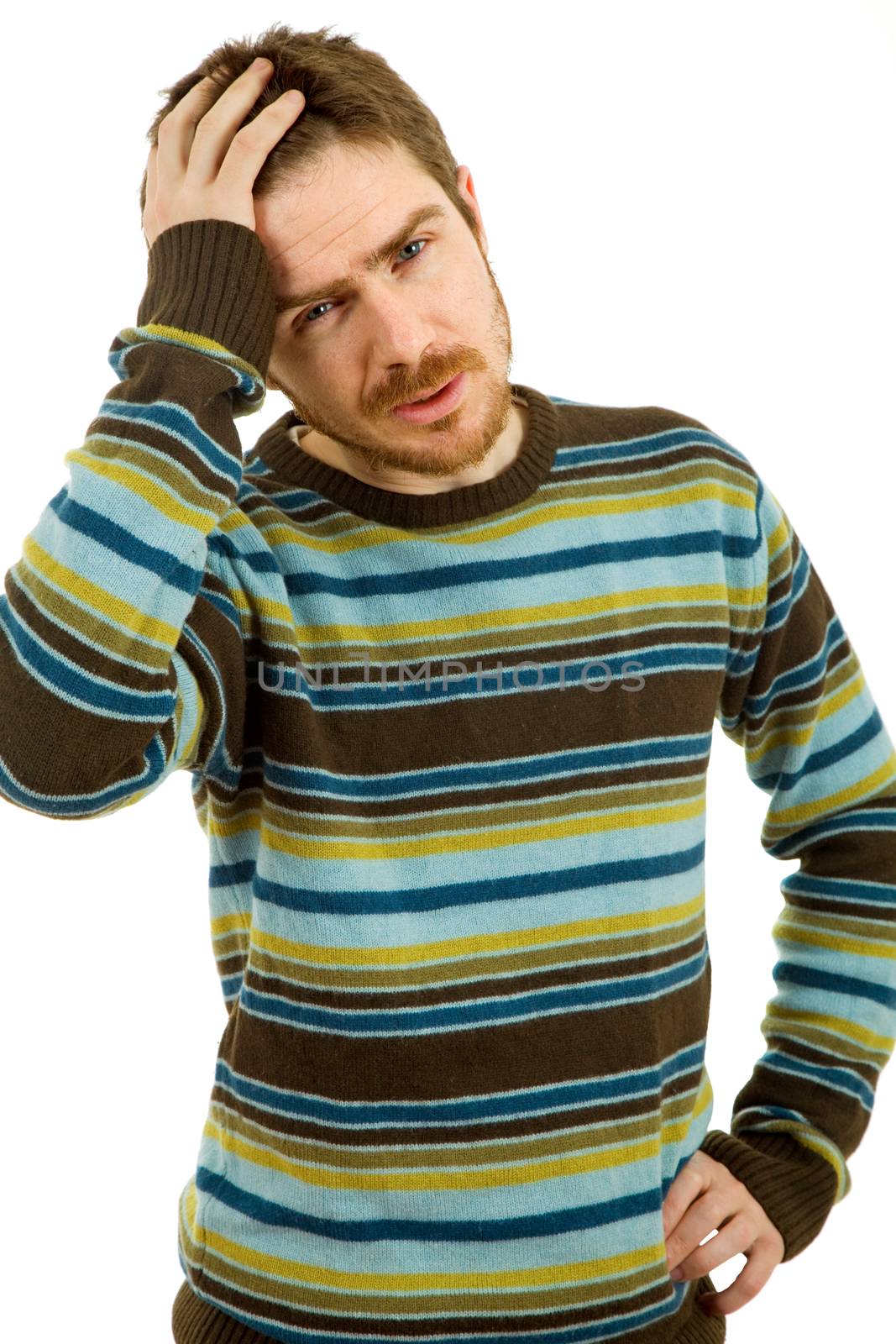 young casual man with a headache, isolated on white