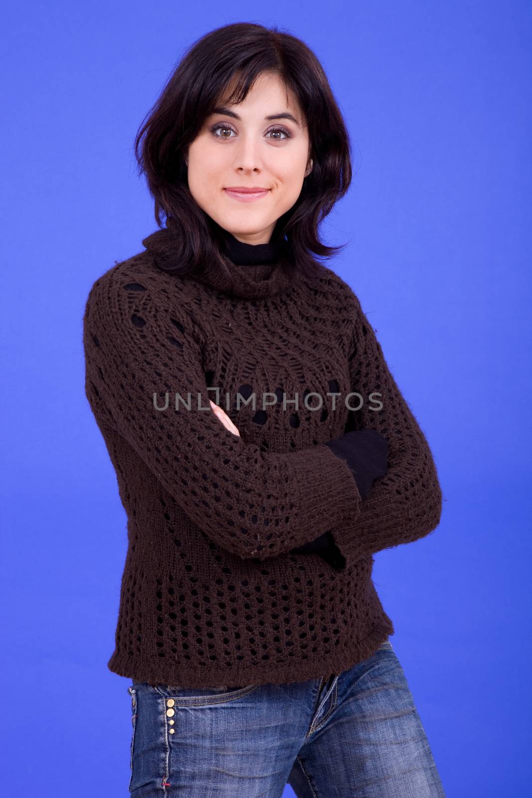 young beautiful woman, on a blue background