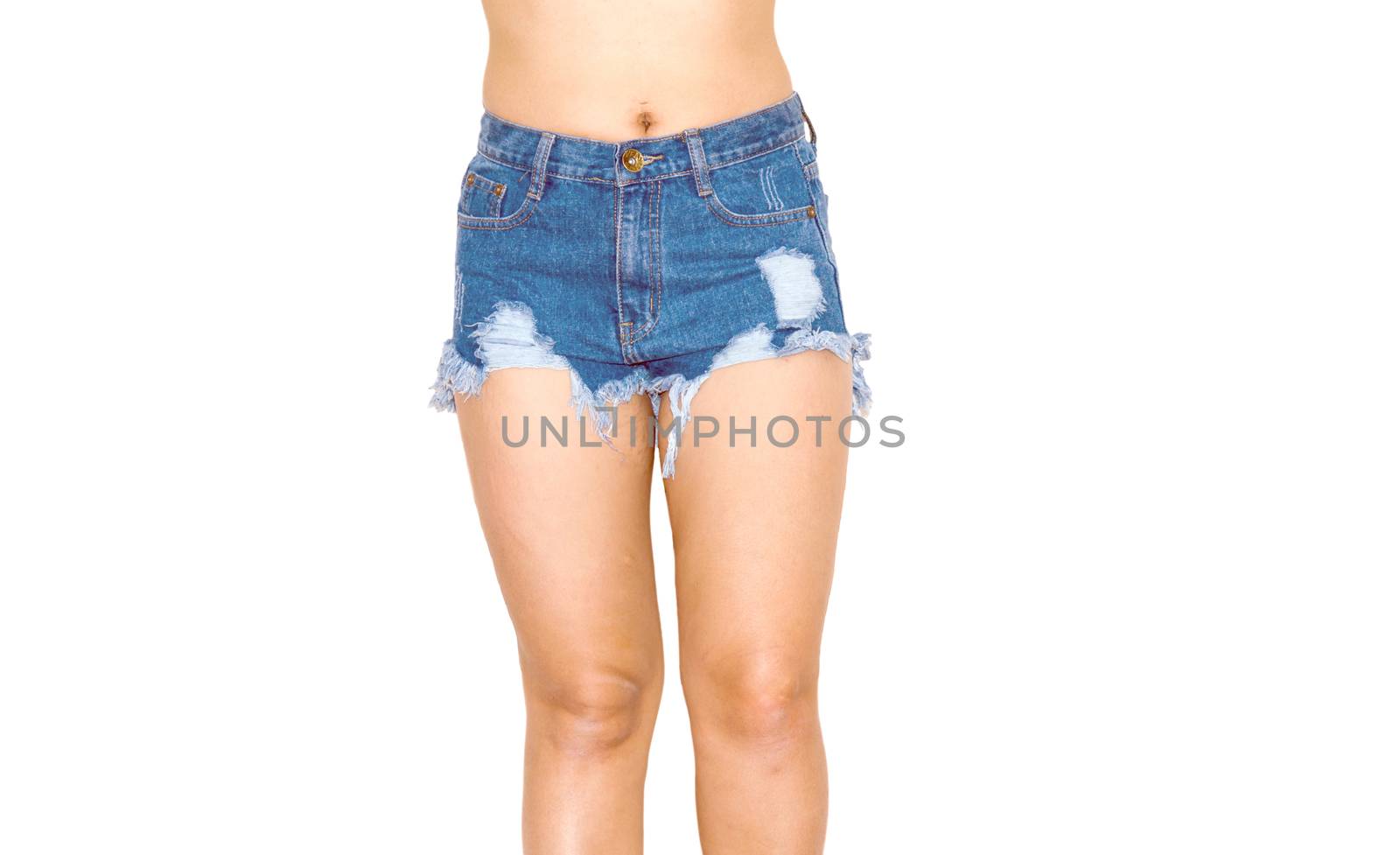 Woman wearing jeans shorts isolated on white.