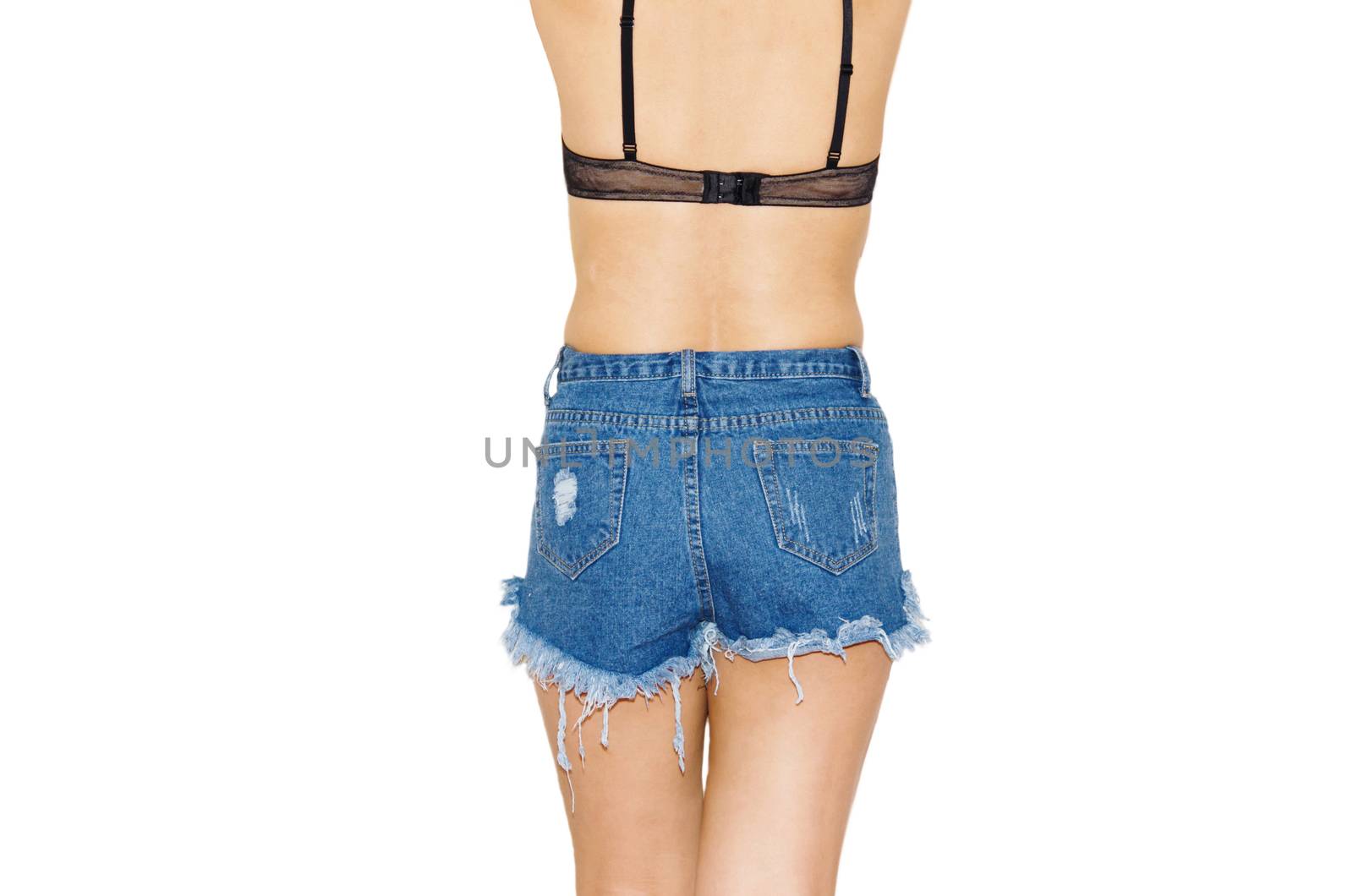 Woman wearing jeans shorts isolated on white.