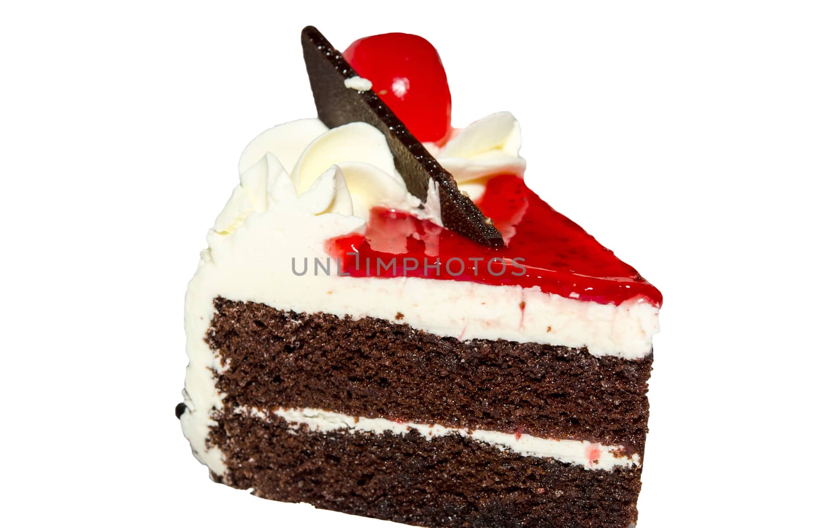 chocolate cake topped with strawberry isolated white background.