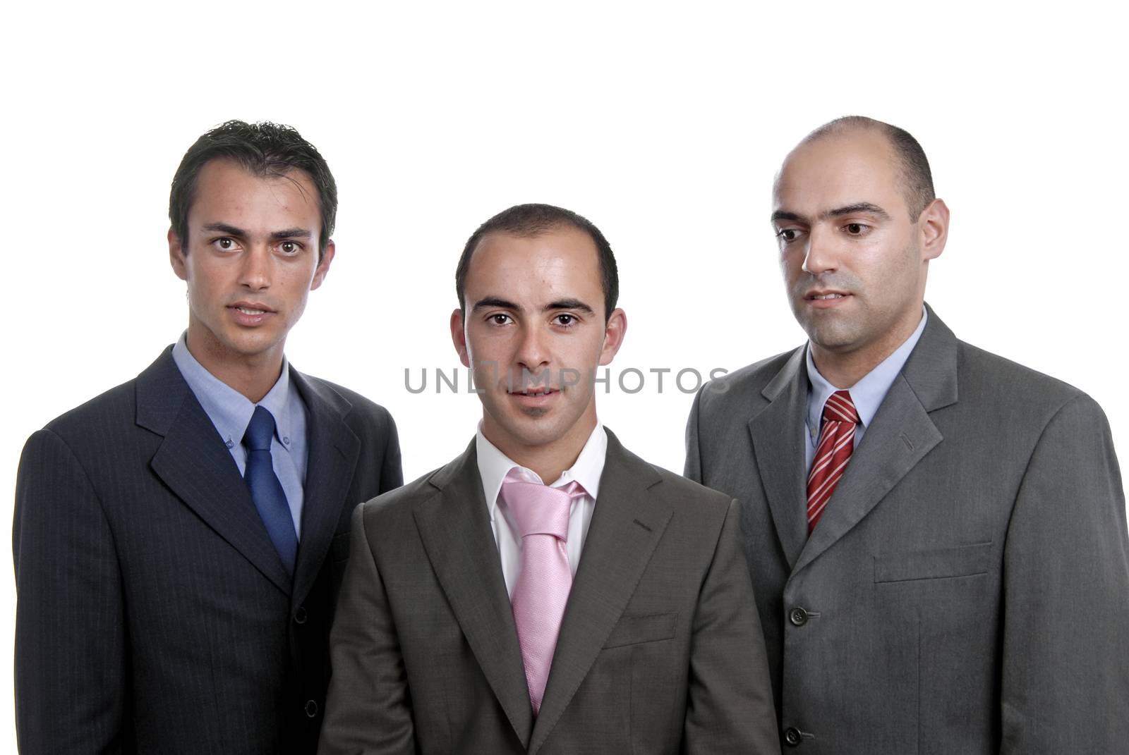 three business man isolated on white background, focus on the center man