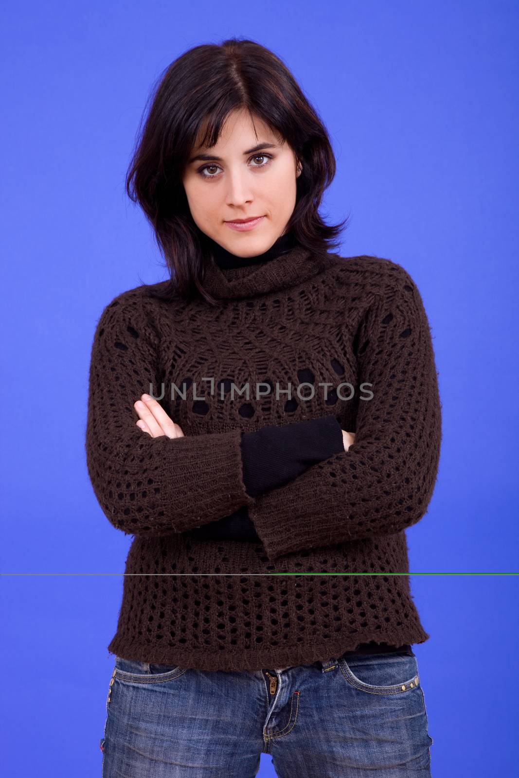 young beautiful woman, on a blue background