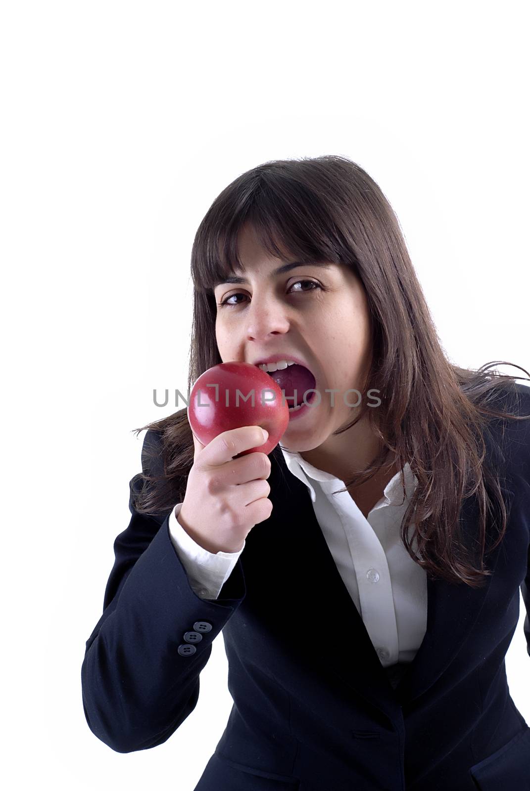 young woman portrait with a apple isolated on white