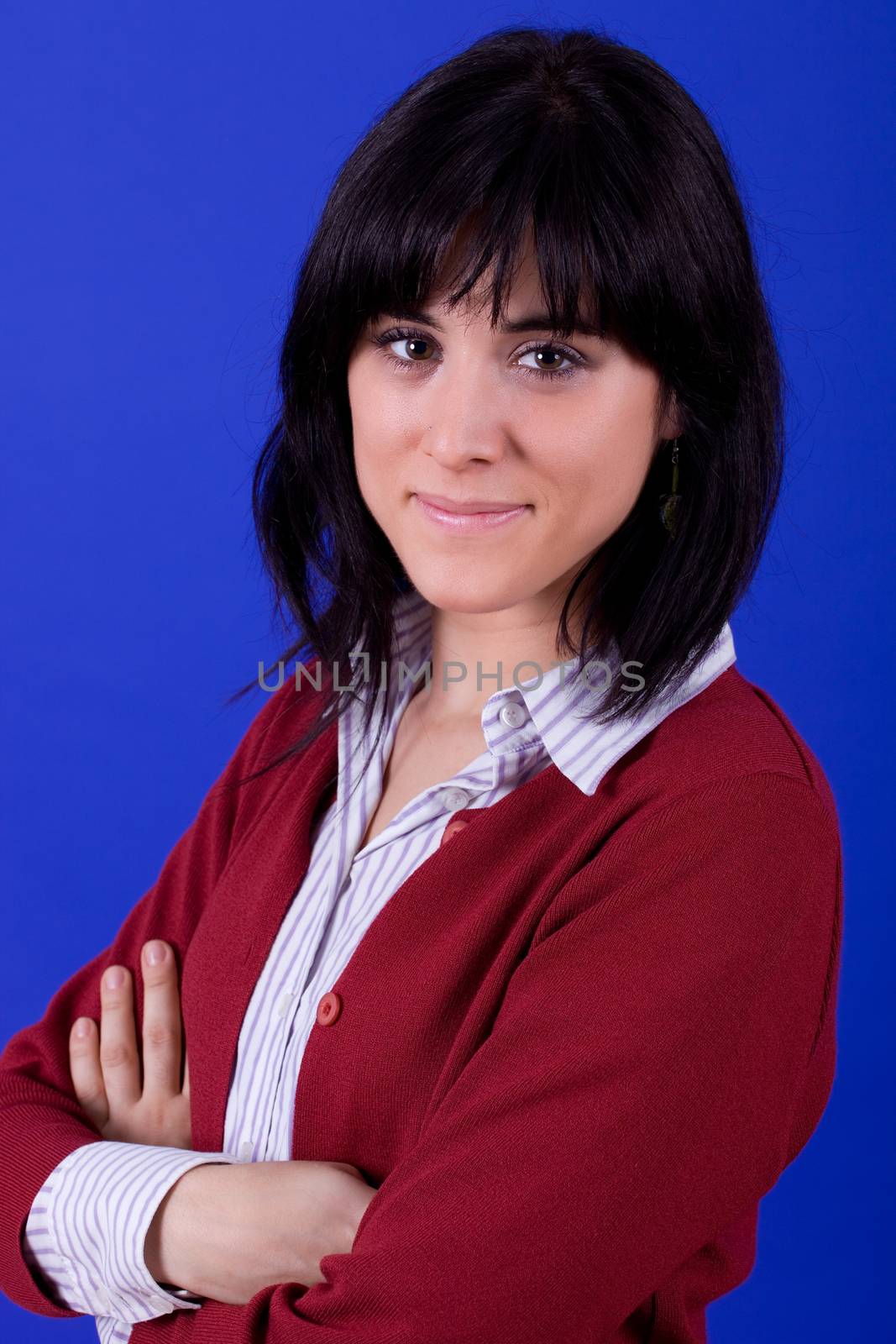 young beautiful woman, on a blue background