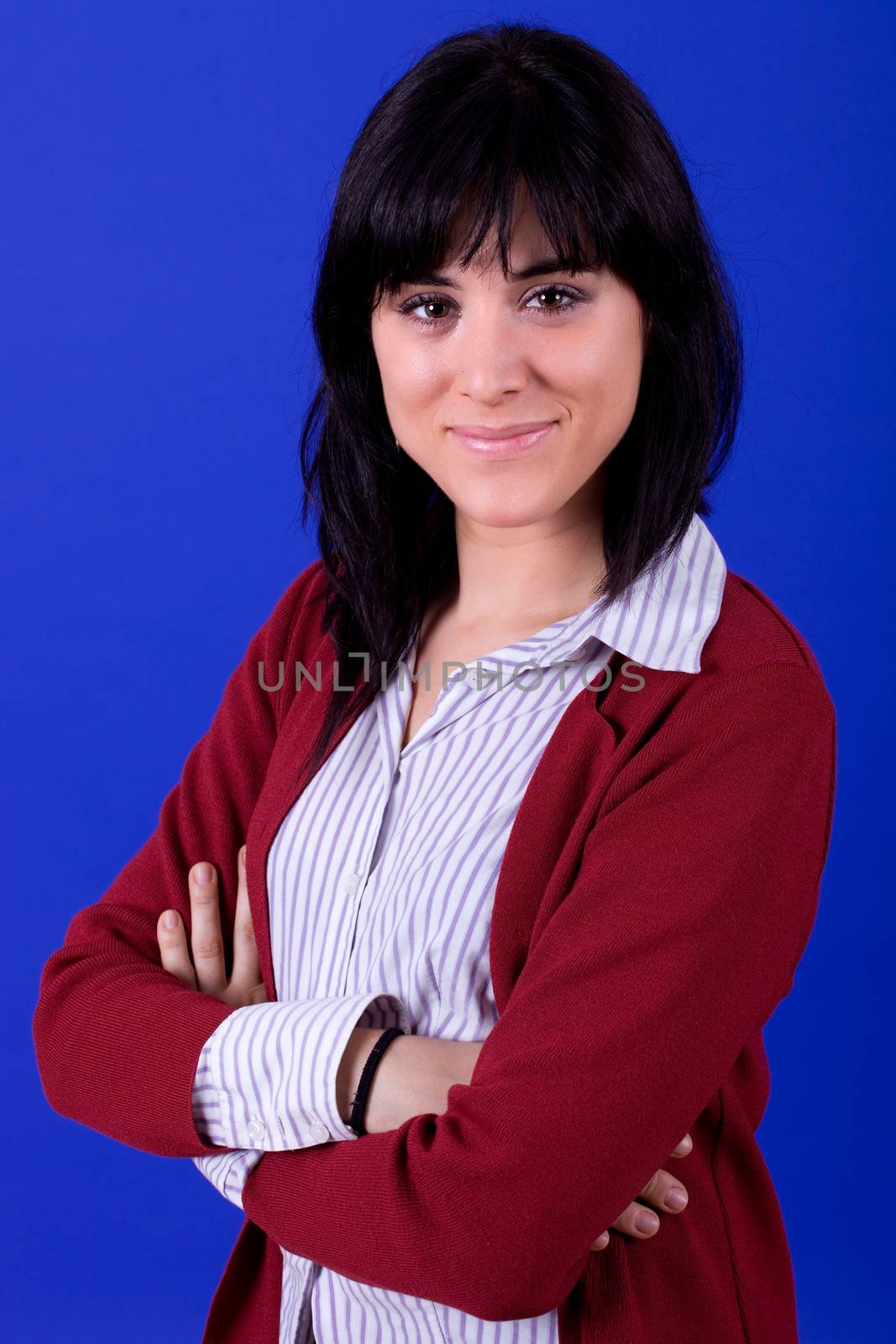 young beautiful woman, on a blue background