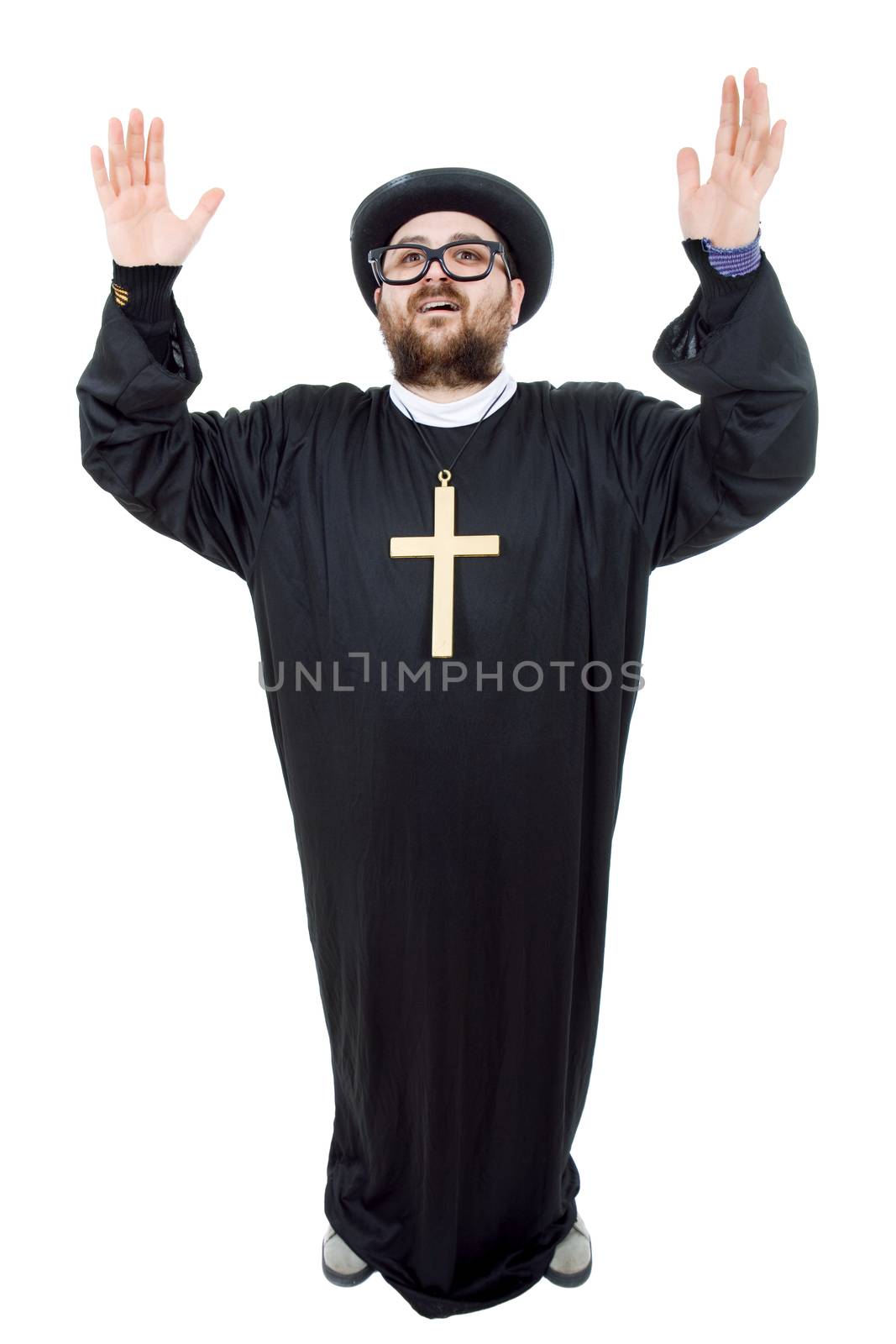 young man dressed as priest, full length, isolated on white