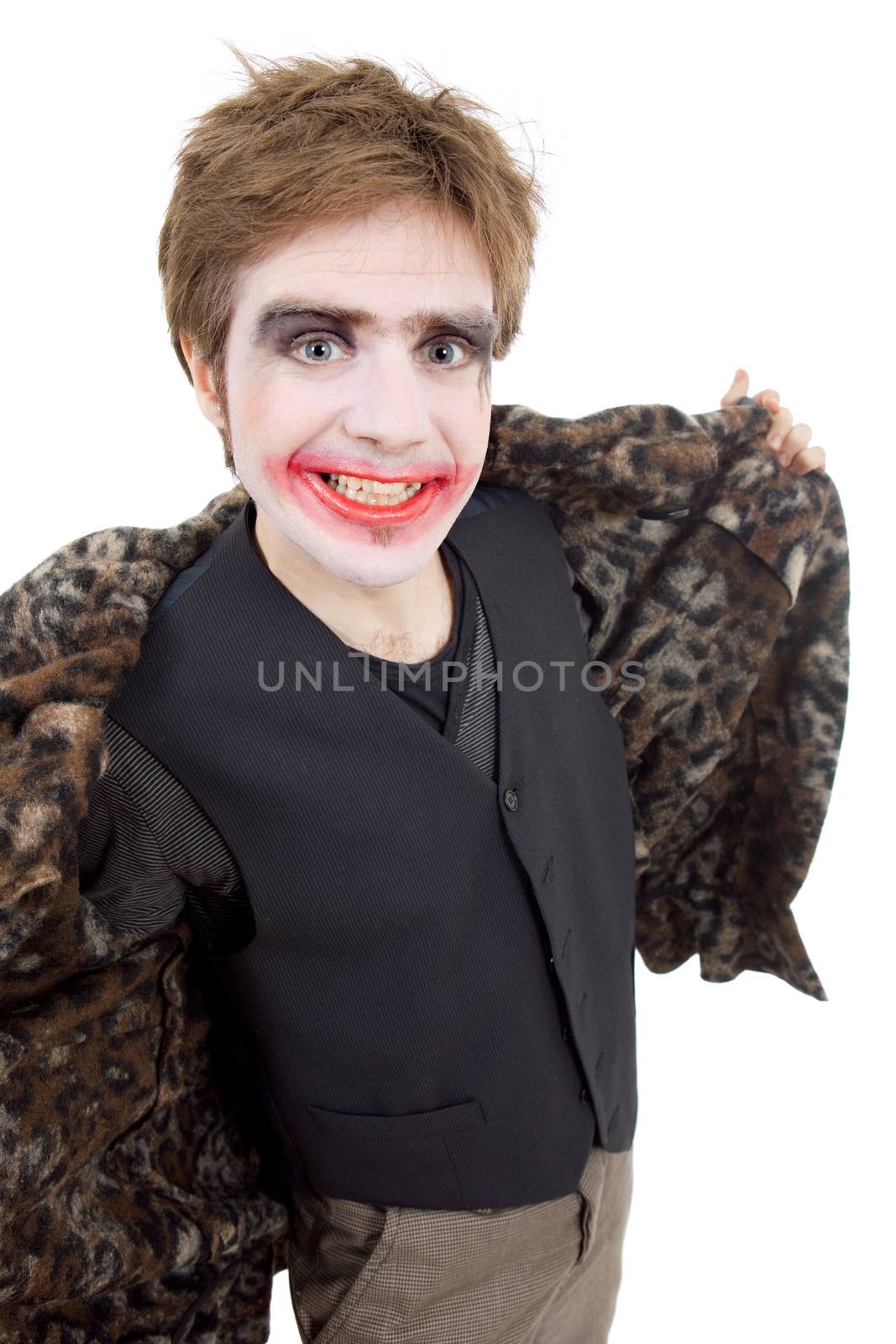 young man dressed as joker, isolated on white