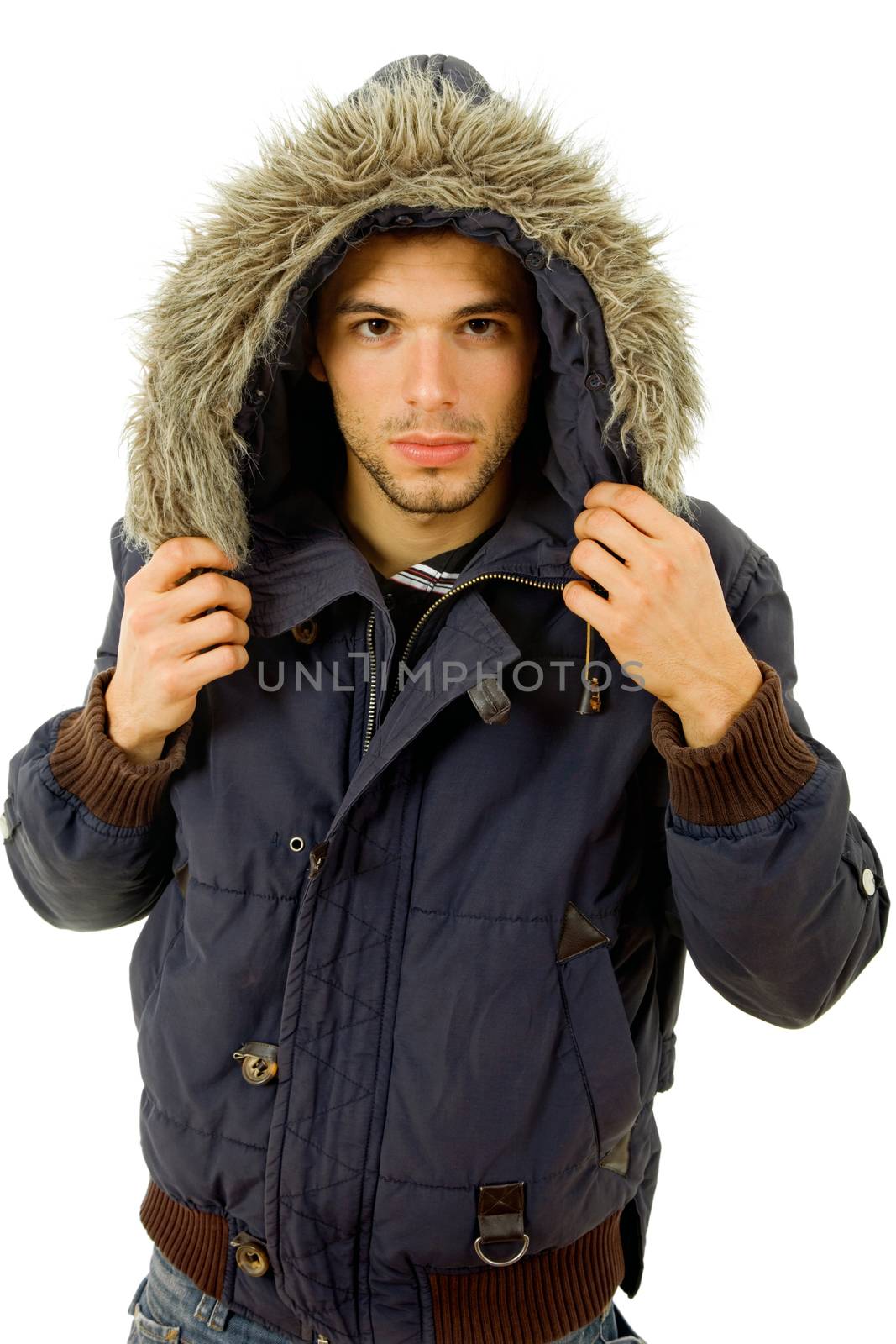 studio picture of a young man dressed for winter