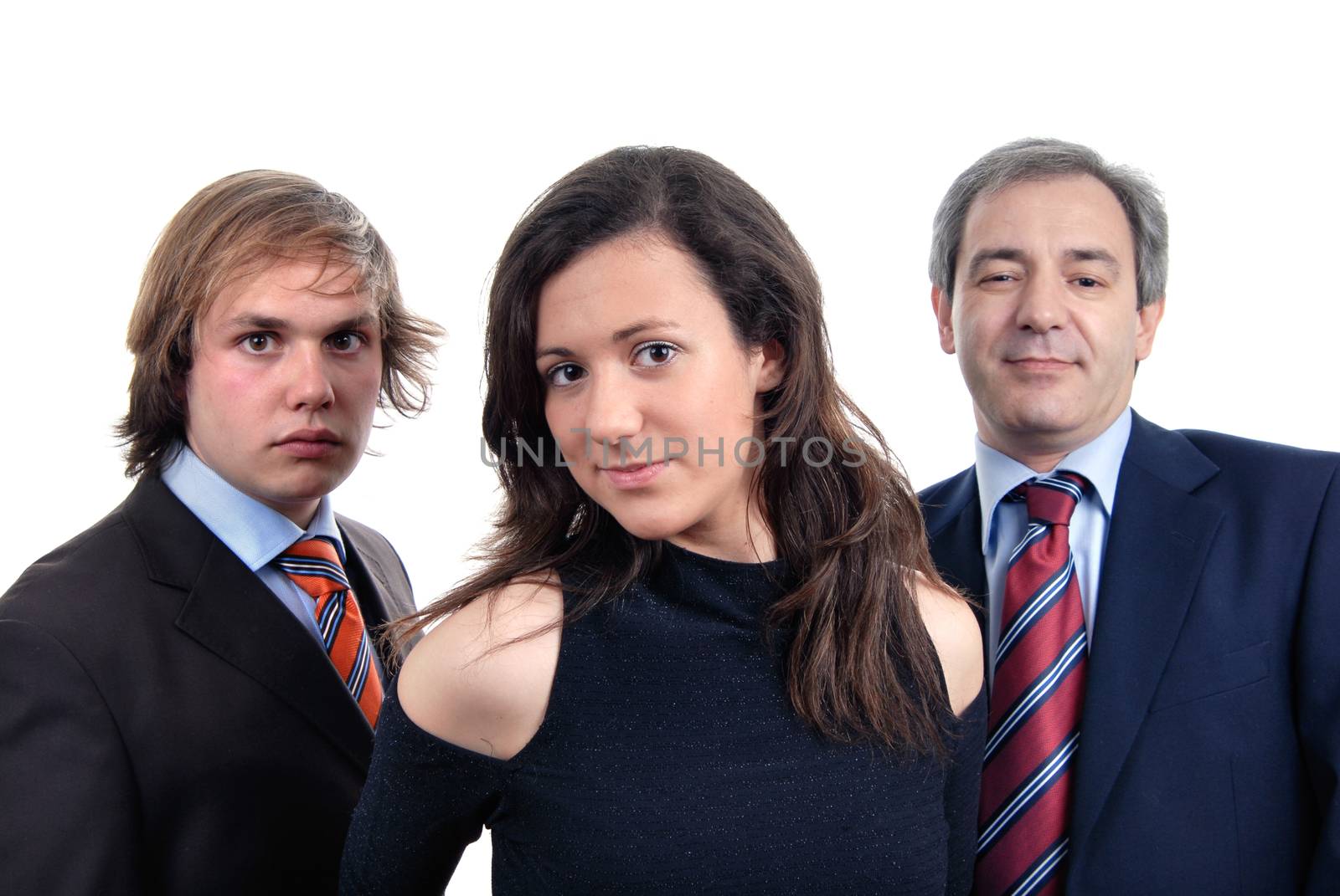 business team, isolated on white background, focus on the woman