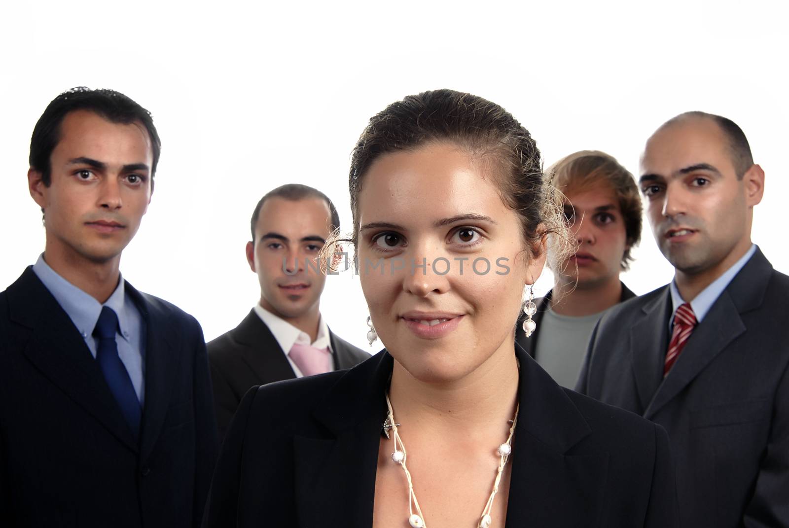 business team, isolated on white background, focus on the woman