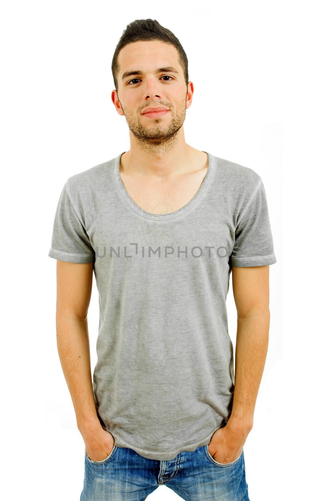 young casual man portrait in a white background