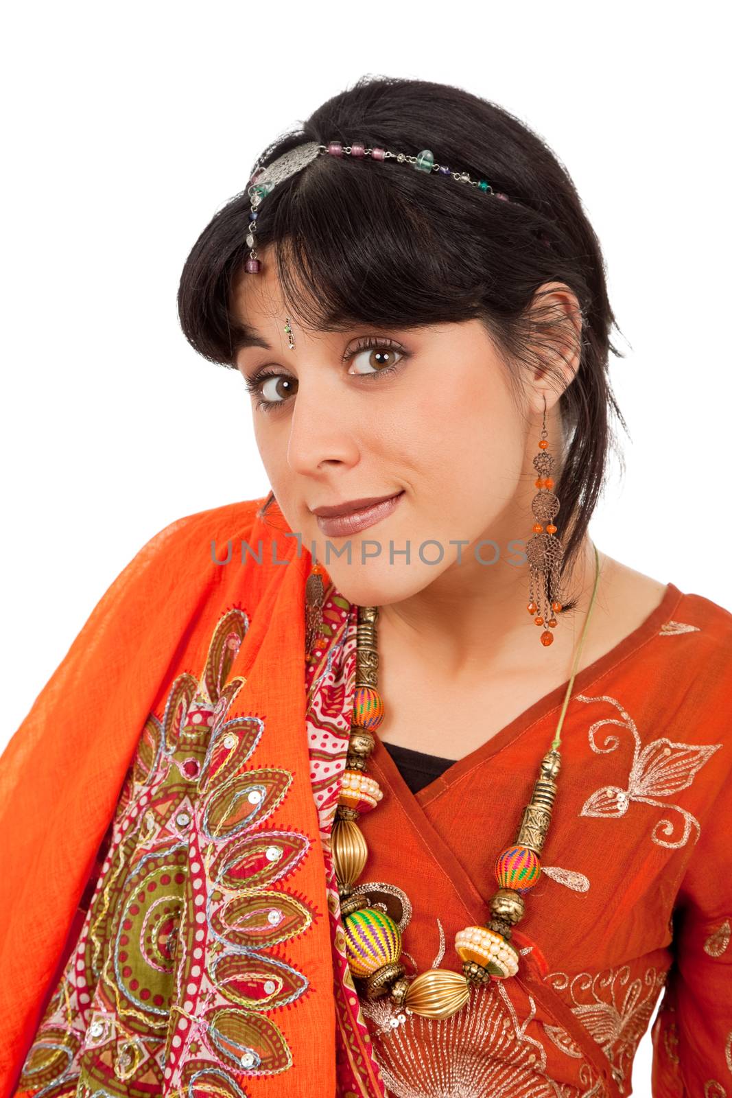 young happy woman in a hindu dress, isolated on white