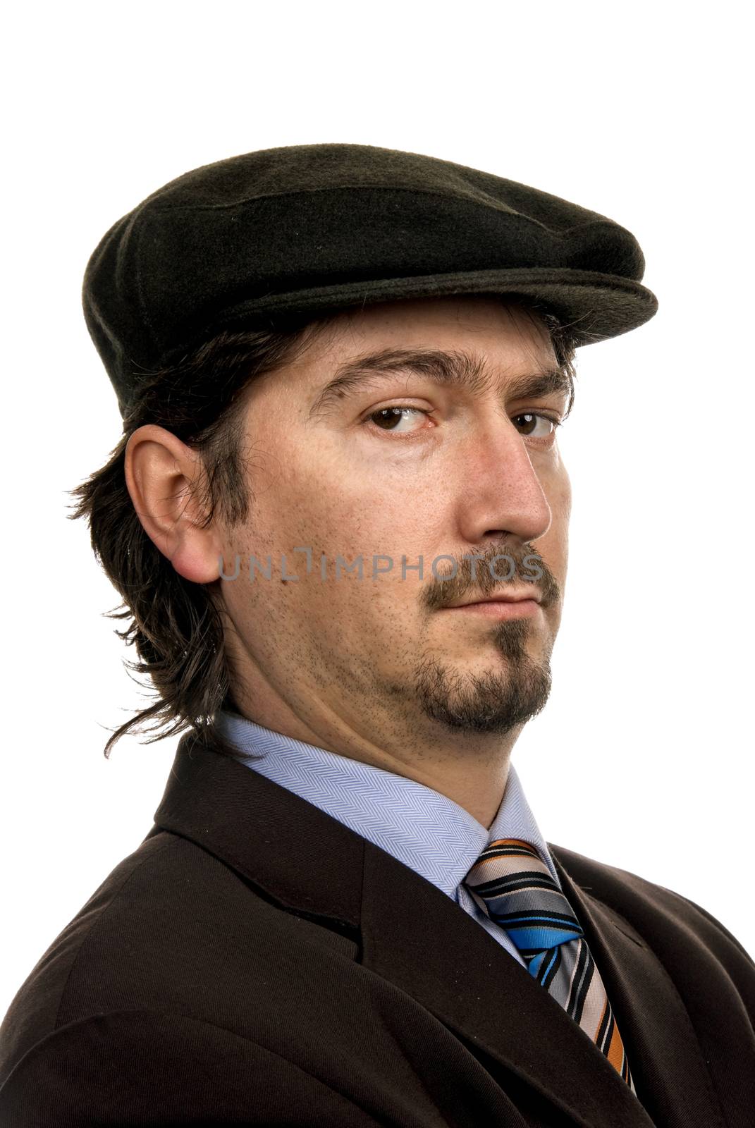 young man portrait with a hat isolated on white