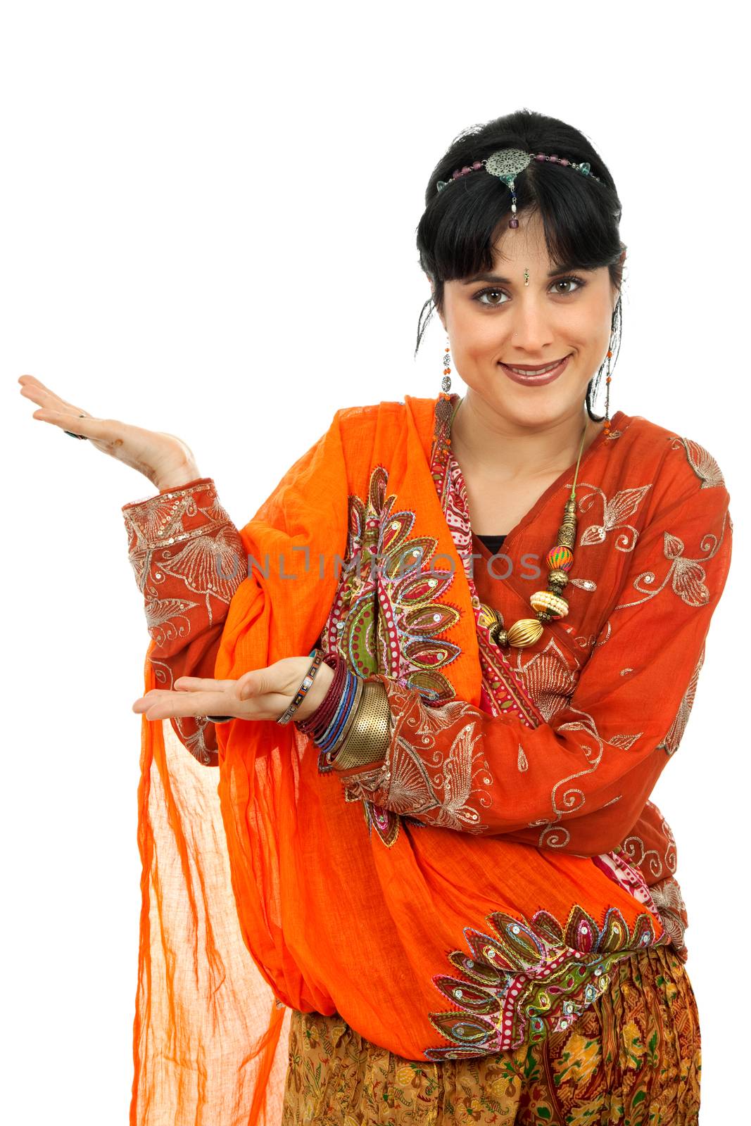 young happy woman in a hindu dress, isolated on white