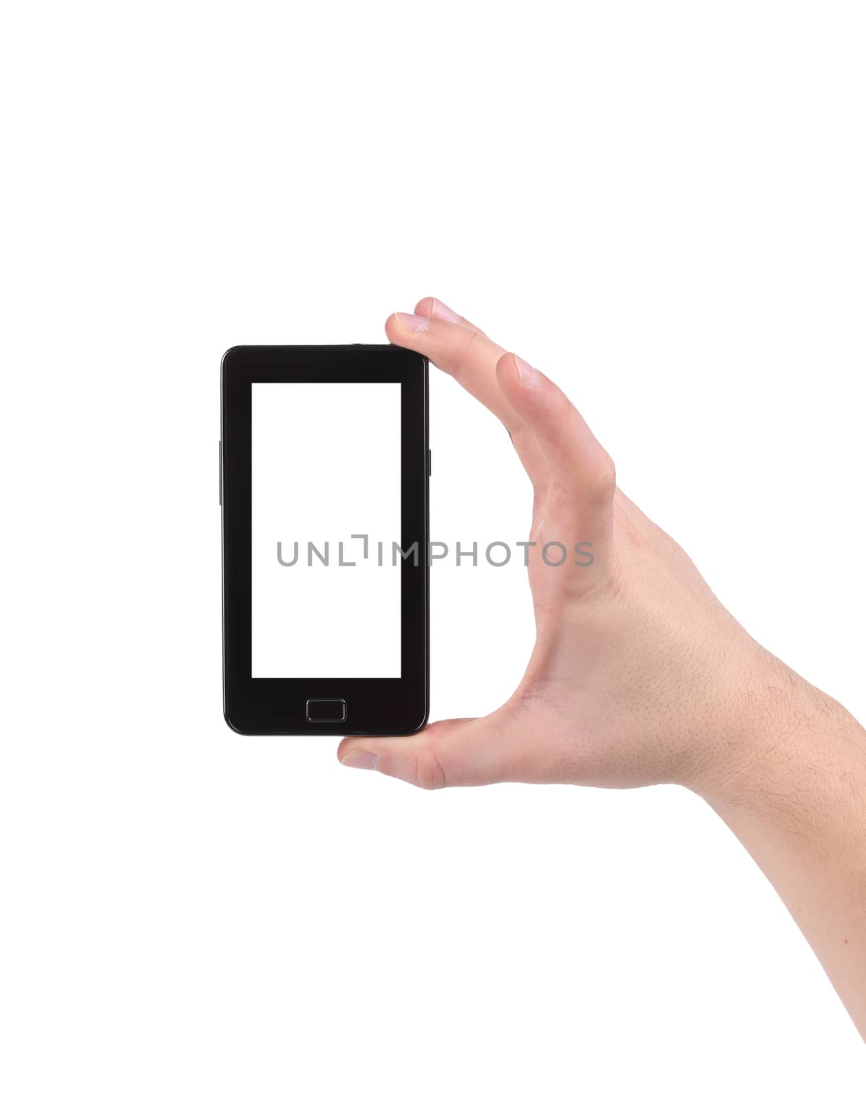 Hand holds cell phone with clipping path. Isolated on a white background.