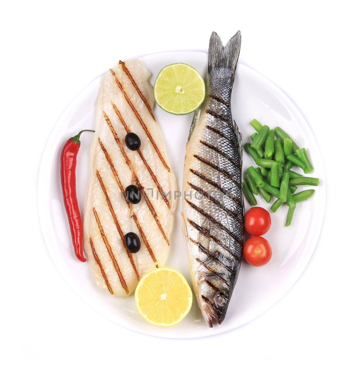 Grilled seabass with pangasius fillet. Isolated on a white background