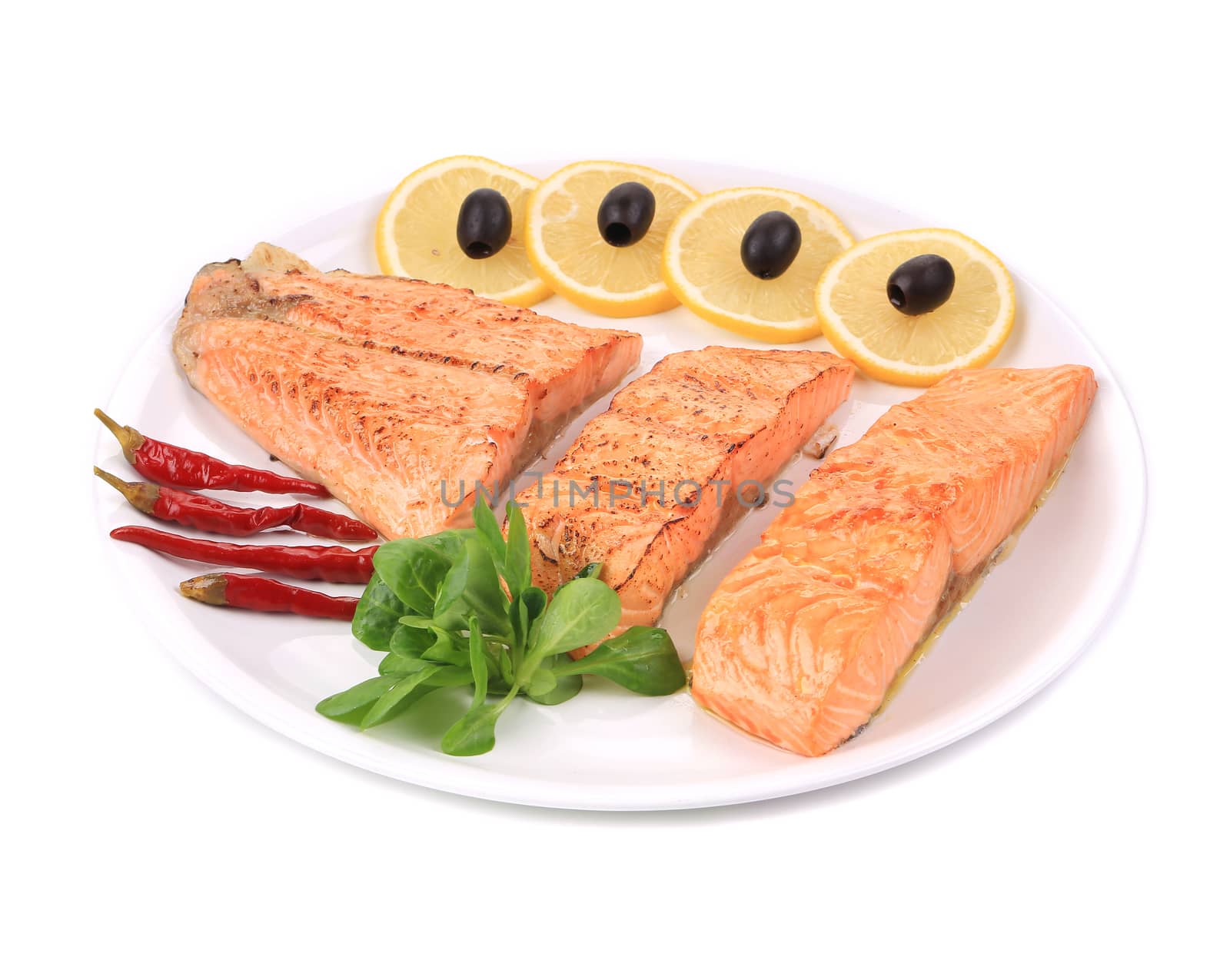 Grilled salmon fillets with rosemary. Isolated on a white background.