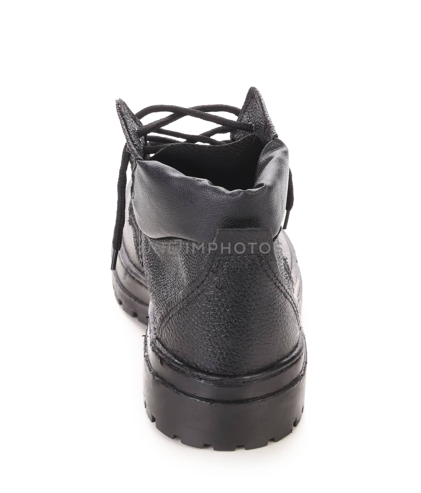Winter black boot back view. Isolated on a white background.