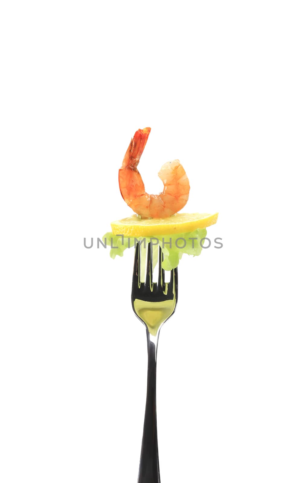 Shrimp on fork. Isolated on a white background.