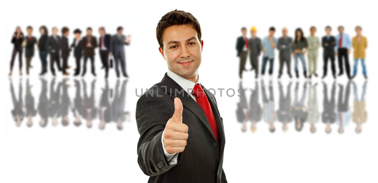 young business man going thumb up, with some people on the back