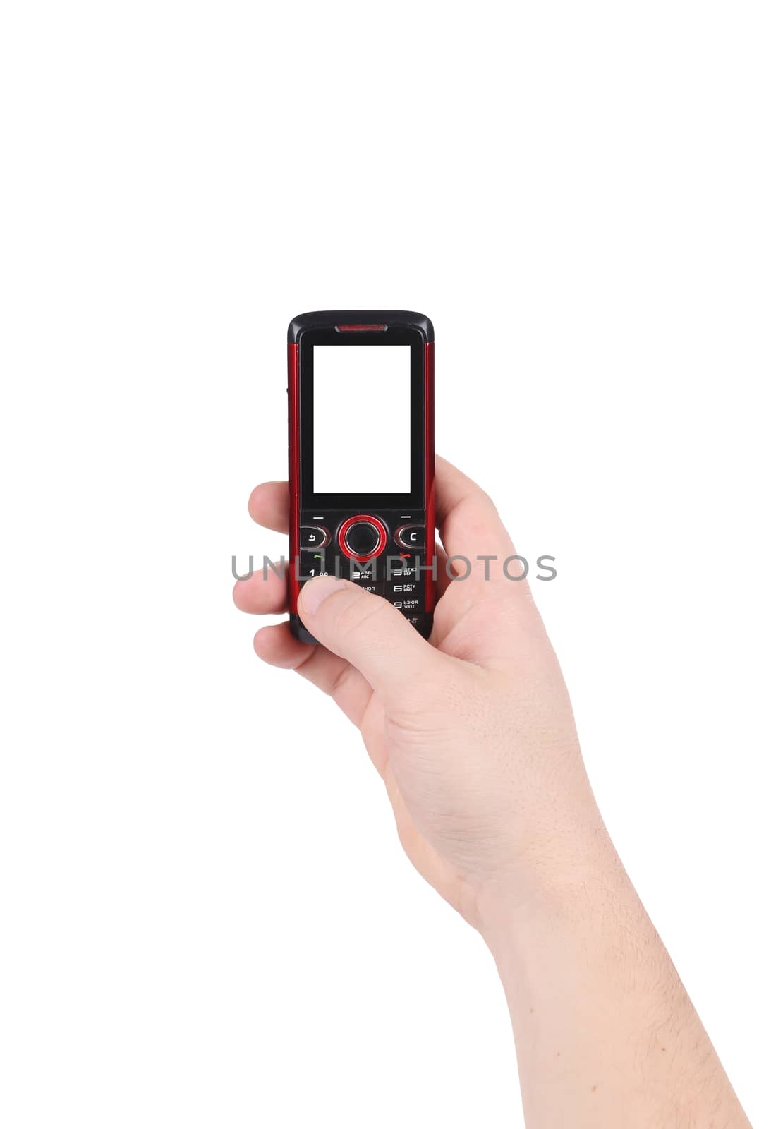 Hand holds red-black cell phone. Isolated on a white background.