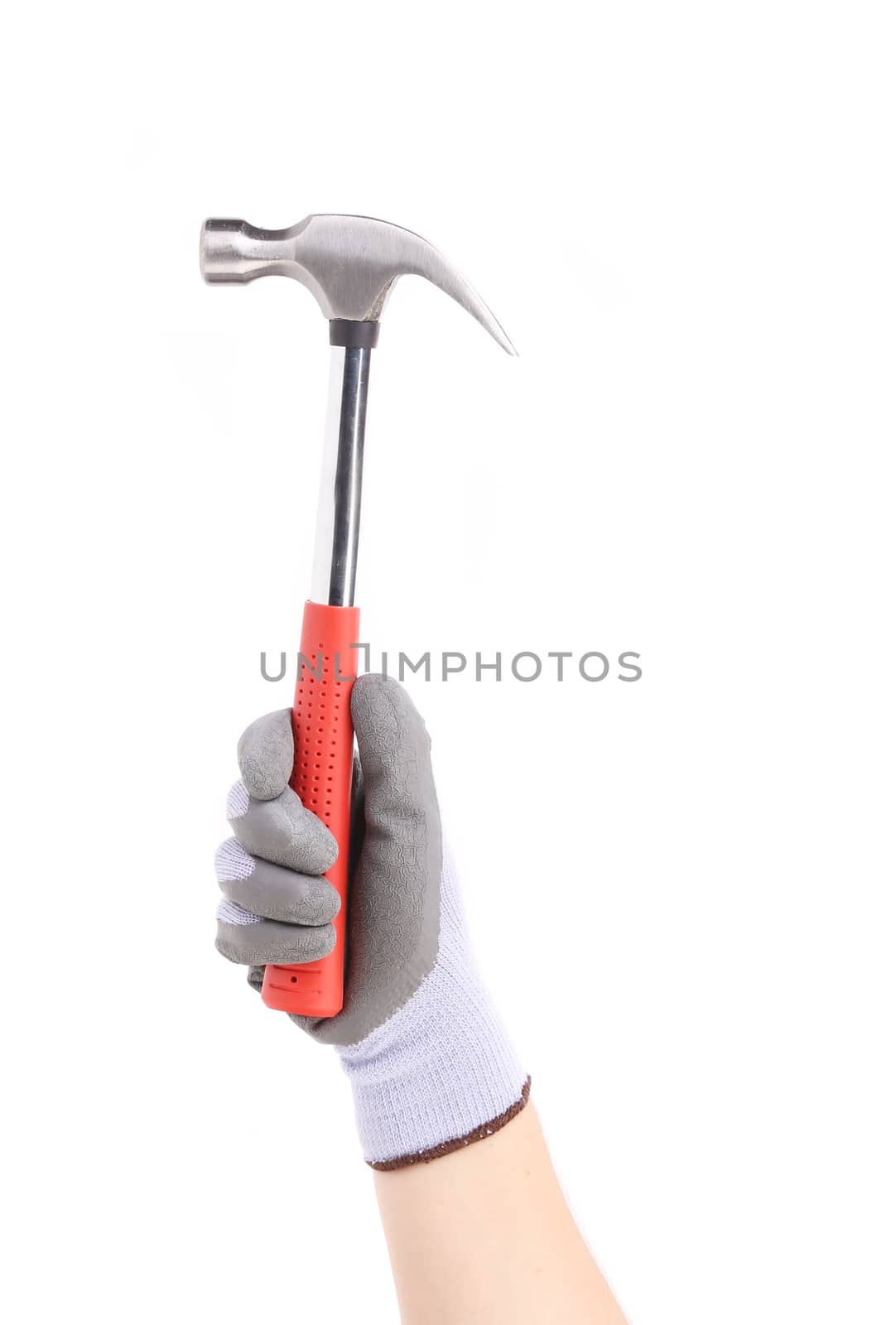 Hand in glove holding metal hammer. Isolated on a white background.