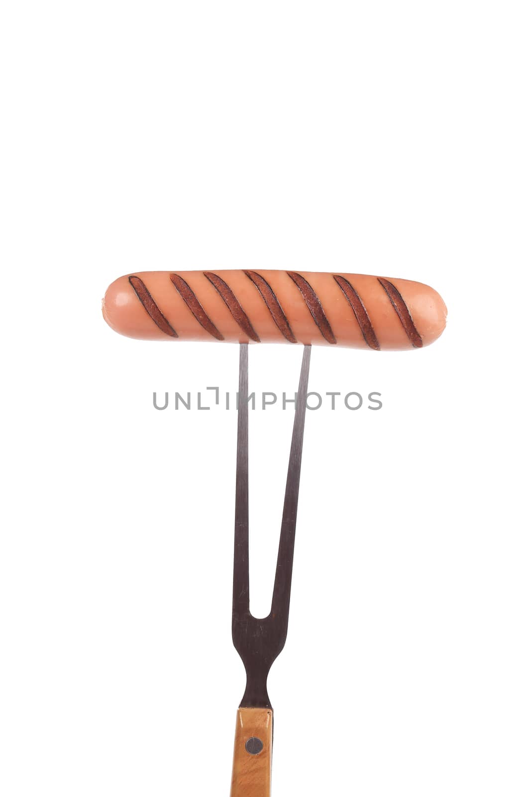 Grilled sausage on a fork. Isolated on a white background.