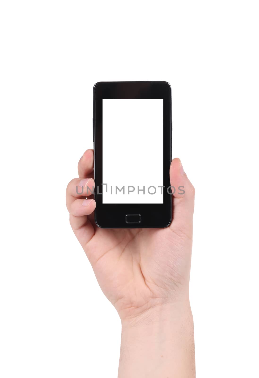 Cell phone in man's hand. Isolated on a white background.