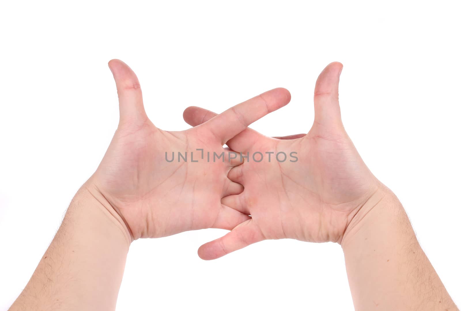 Fingers crossed in hand. Isolated on a white background.