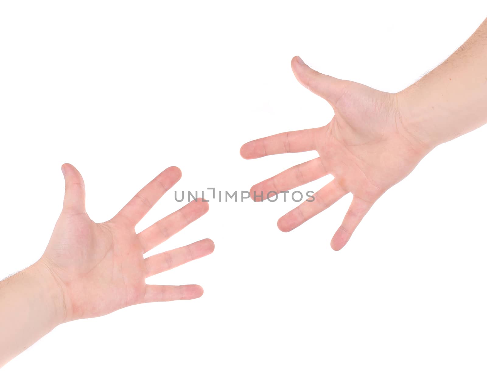 Two hand reaching each other. Isolated on a white background.
