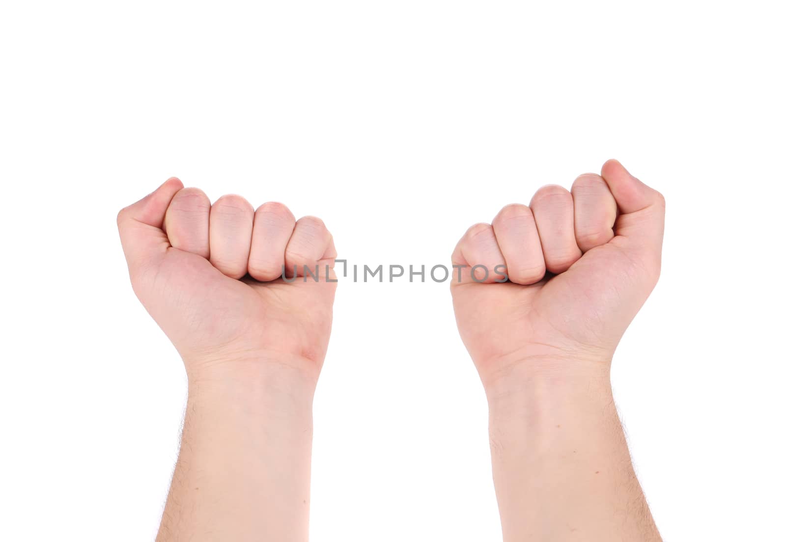 Man hands in fist. Isolated on a white background.