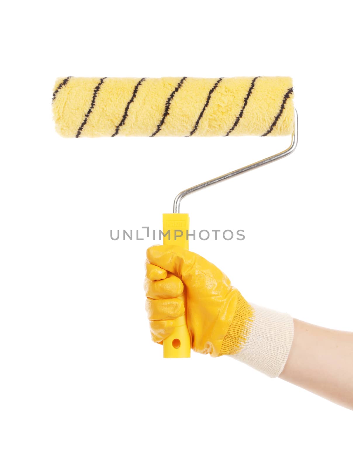 Hand with paintbrush roller. Isolated on a white background.
