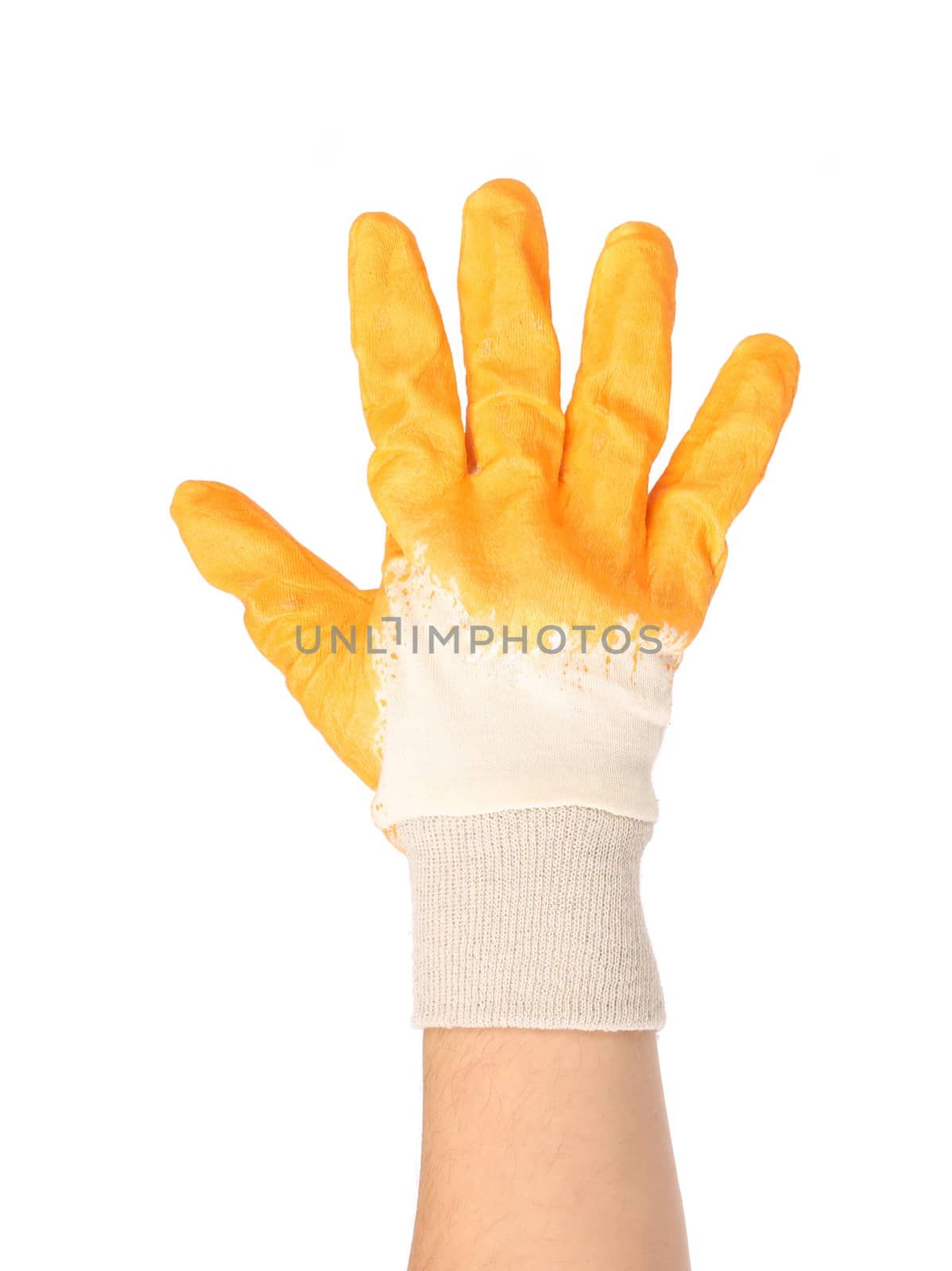 Hand in rubber glove shows five. Isolated on a white background.