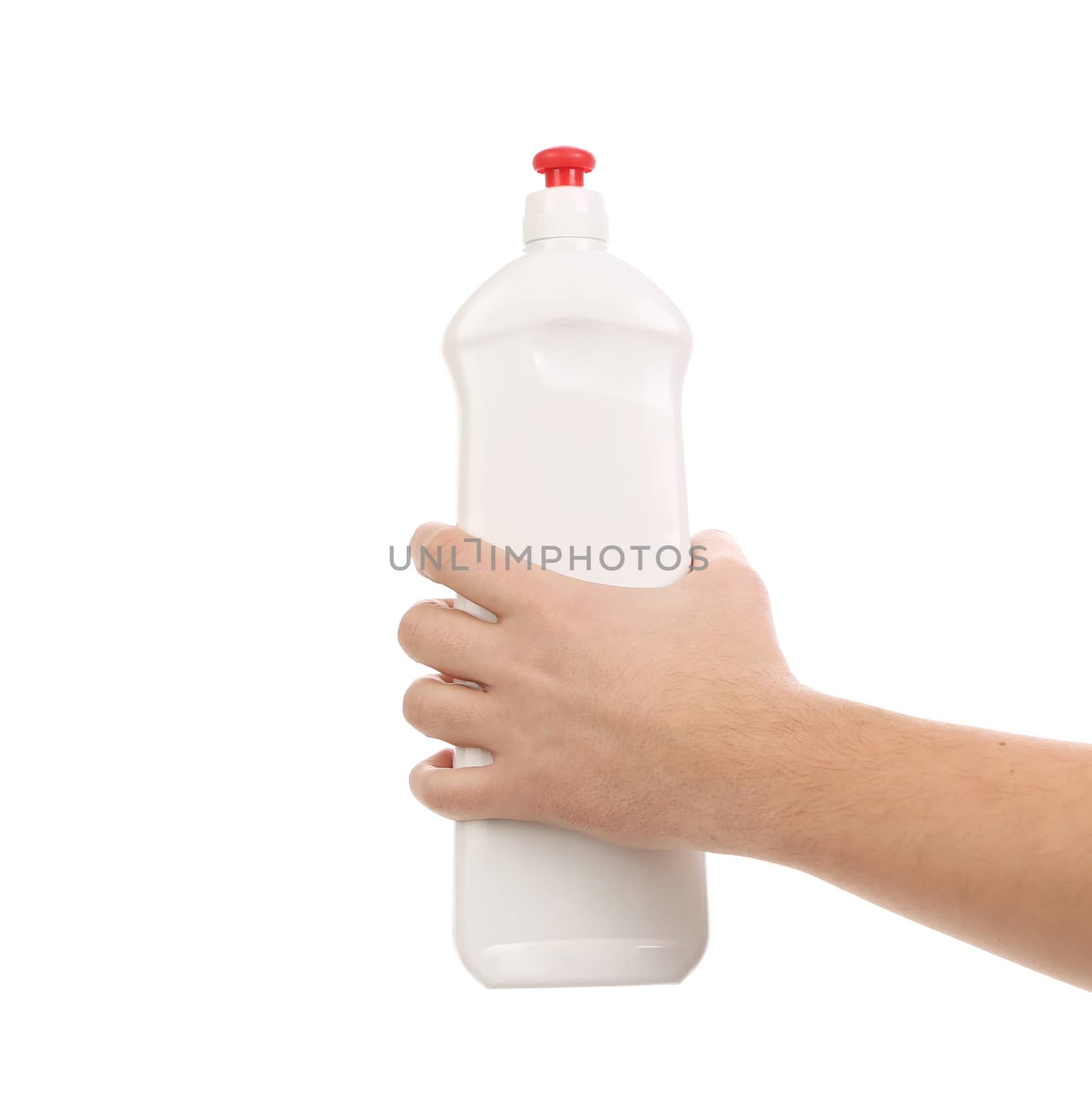 Hand holding white plastic bottle. Isolated on a white background.