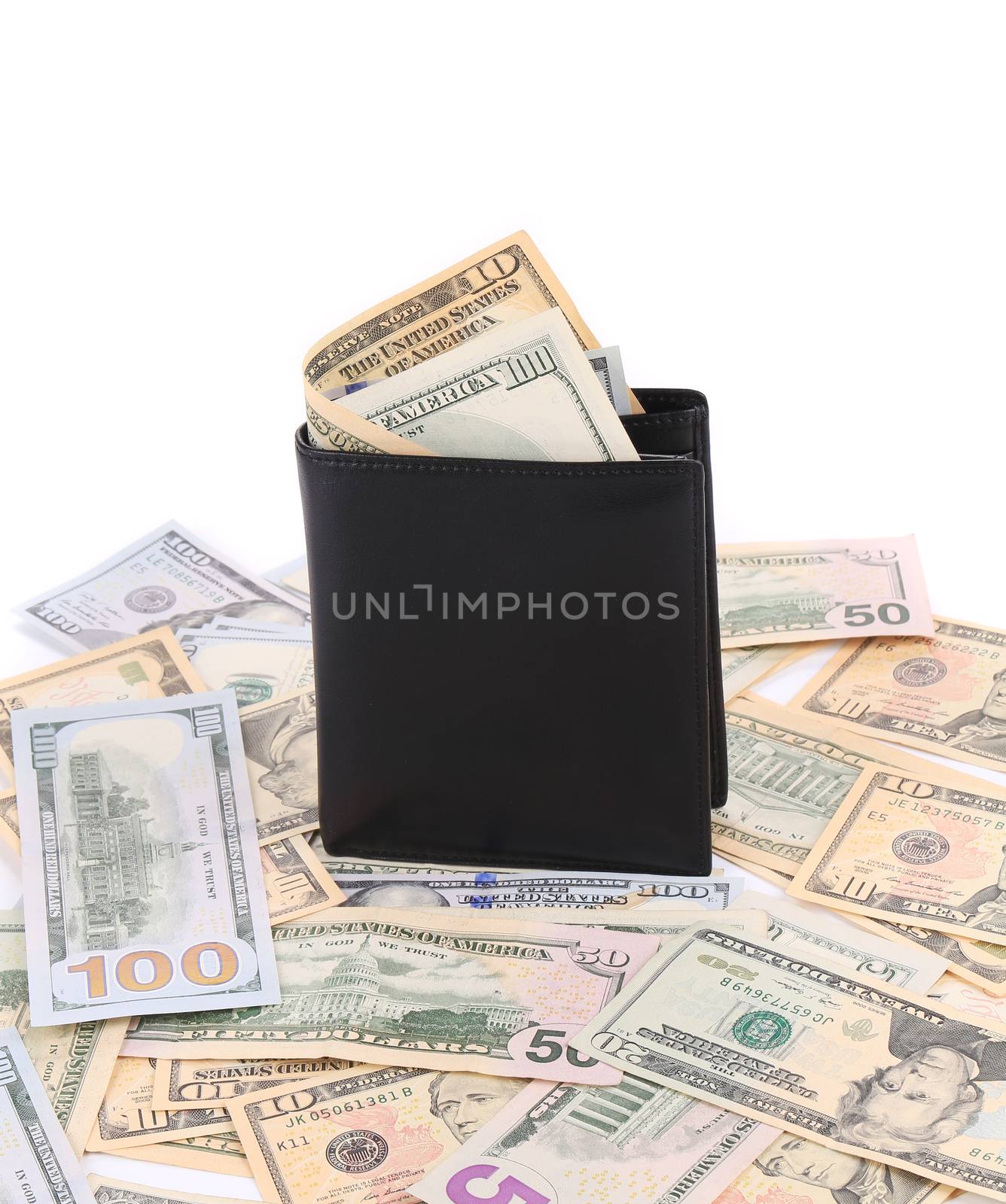 Purse with dollar bills. Isolated on a white background.