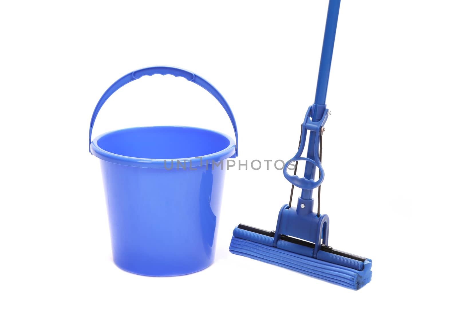 Blue bucket with sponge mop. Isolated on a white background.