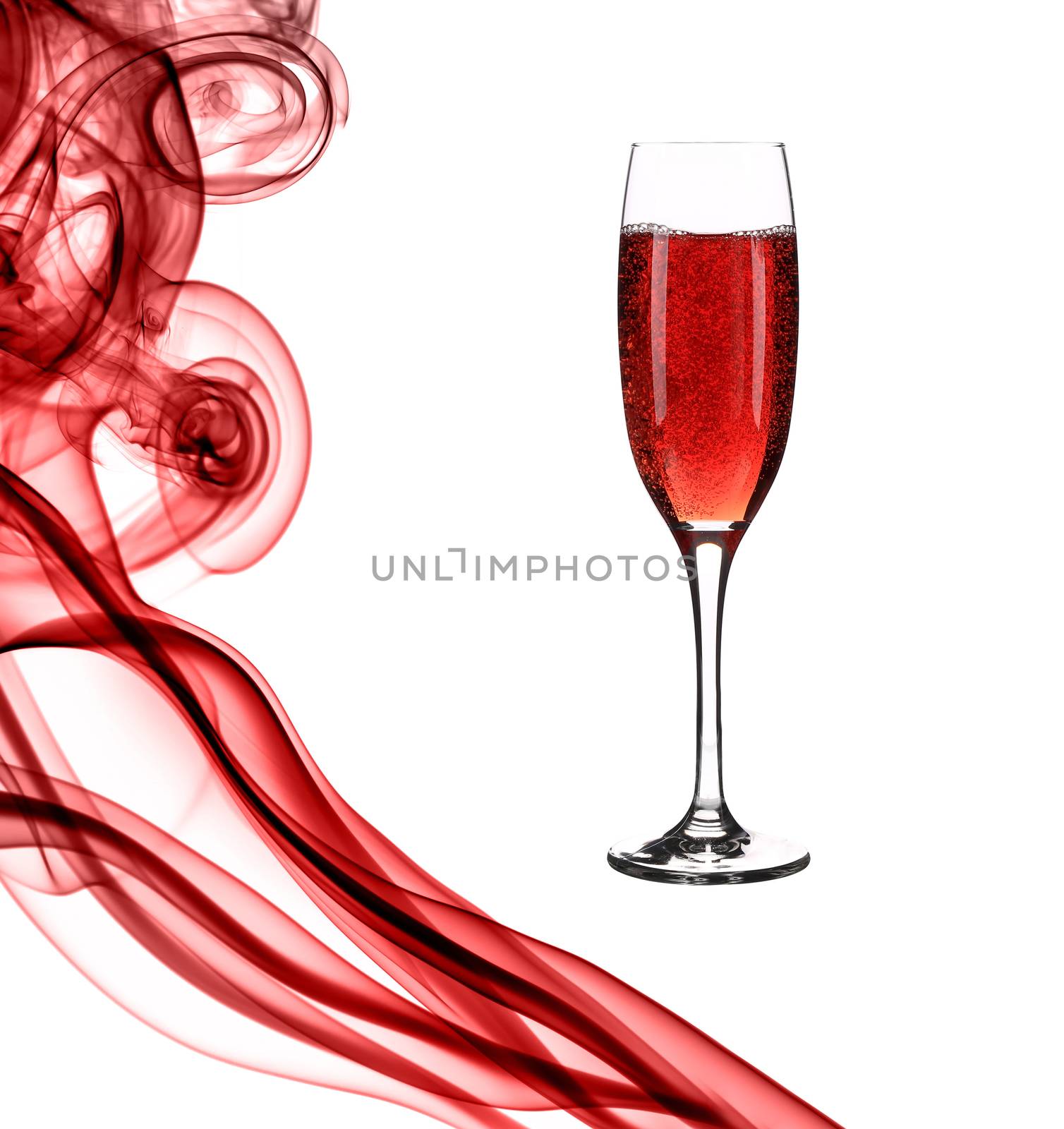 Red smoke and champagne. Isolated on a white background.