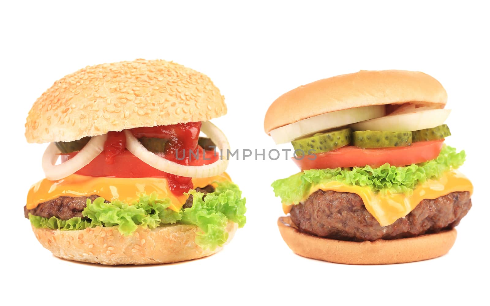 Close up of two tasty hamburgers. Isolated on a white background.