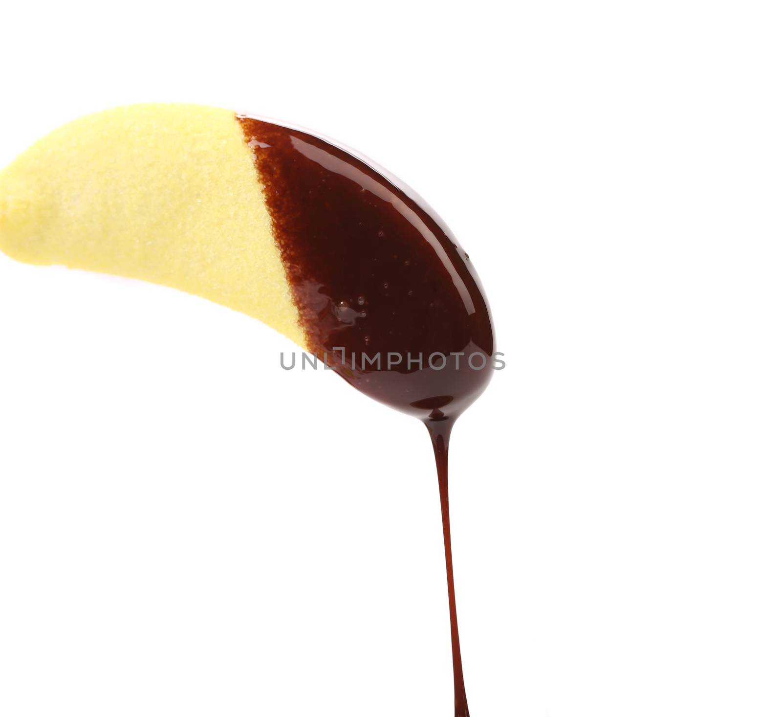 Marshmallow in chocolate syrup. Isolated on a white background.