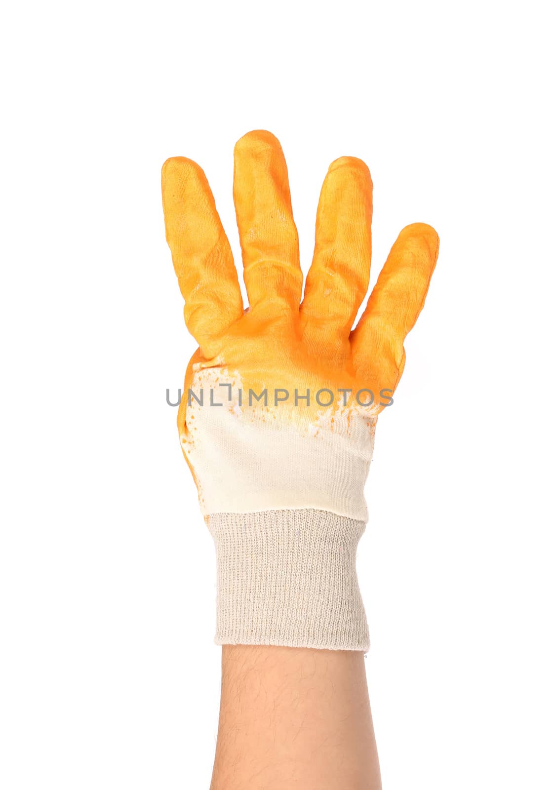 Hand in rubber glove shows four. Isolated on a white background.